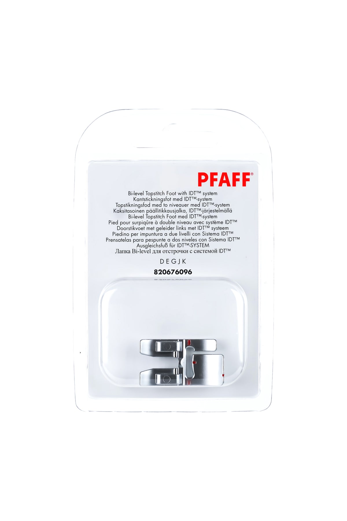 PFAFF Compensating foot for IDT System J K L in its original, complete packaging, viewed from the front with the presser foot visible
