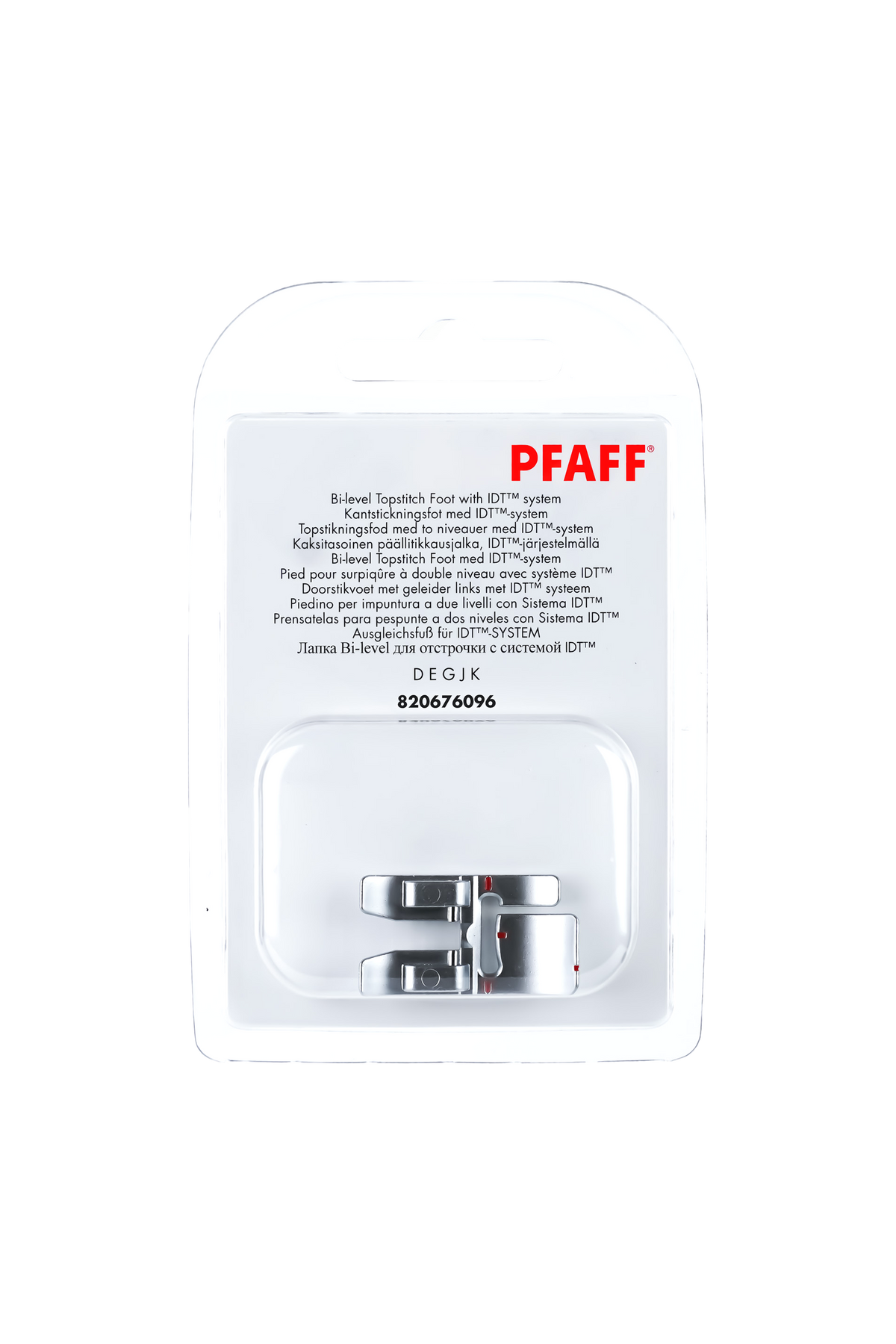 PFAFF Ausgleichsfuß für IDT-System J K L in vollständiger Originalverpackung von vorne mit sichtbarem Nähfuß