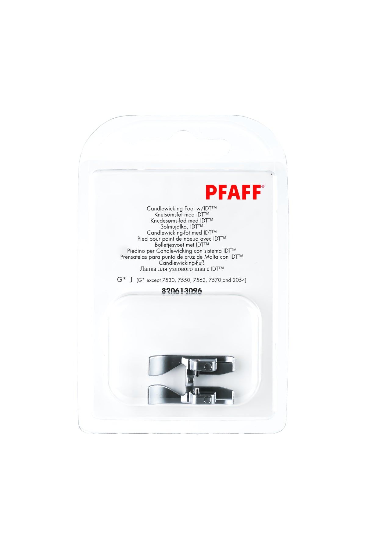 PFAFF Candlewicking foot for the IDT System J K L in its original, complete packaging, with the presser foot visible from the front