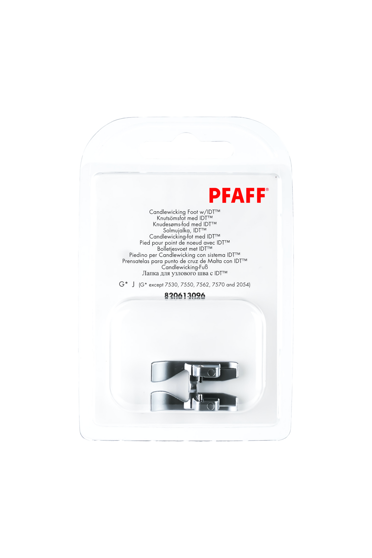 PFAFF Candlewicking-Fuß für IDT-System J K L in vollständiger Originalverpackung von vorne mit sichtbarem Nähfuß