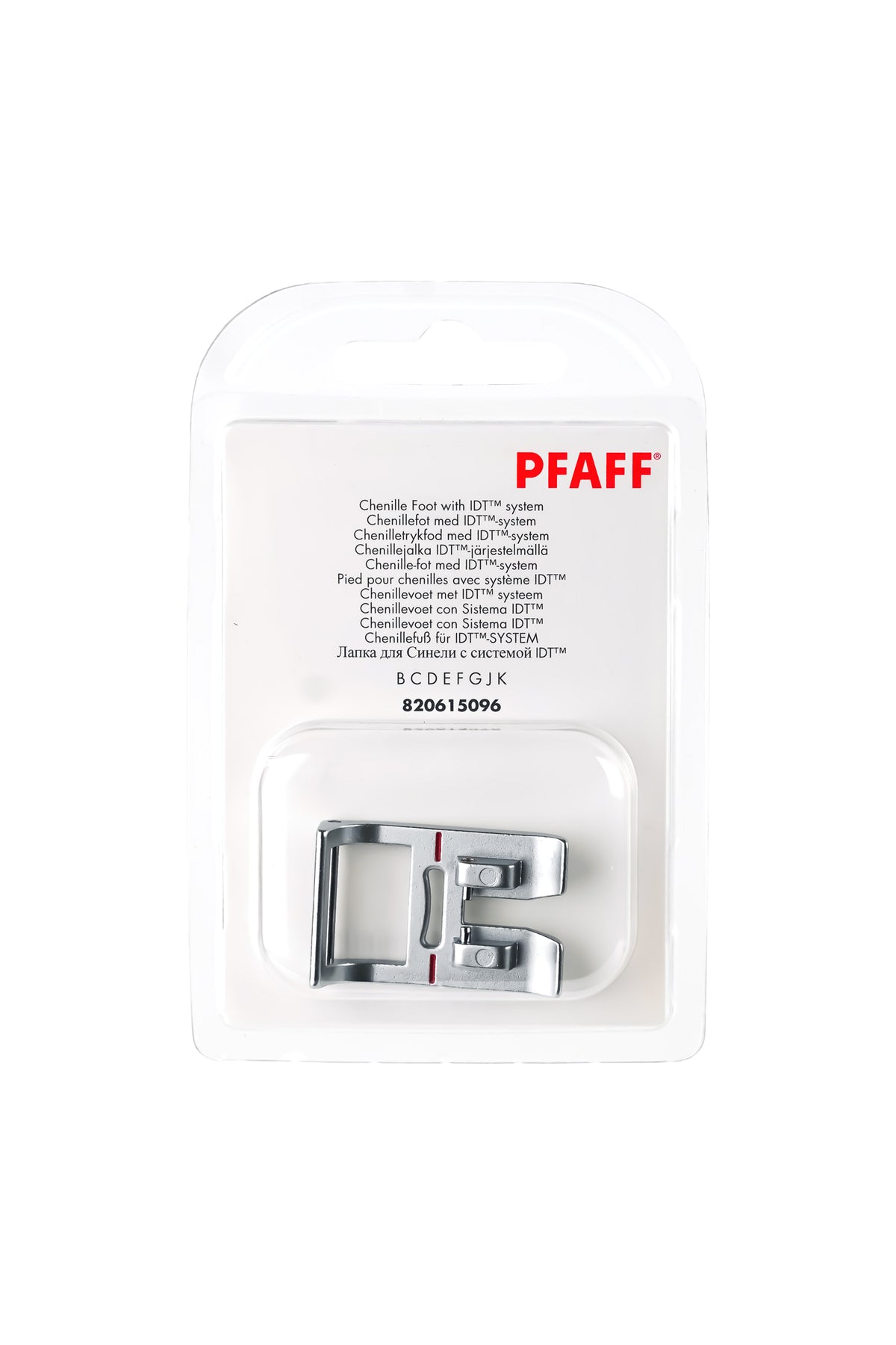 PFAFF Chenille-fod til IDT-systemet J K L i komplet originalemballage, set forfra med synlig syfod