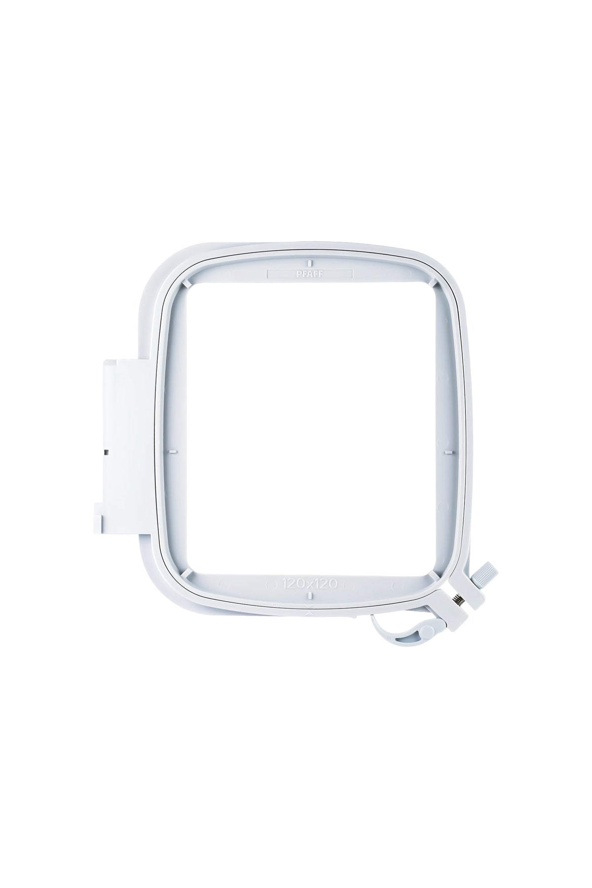 PFAFF creative 120 Square Hoop Stickrahmen 120 × 120 mm mit Spannschraube und geöffneten Rahmenaussparungen
