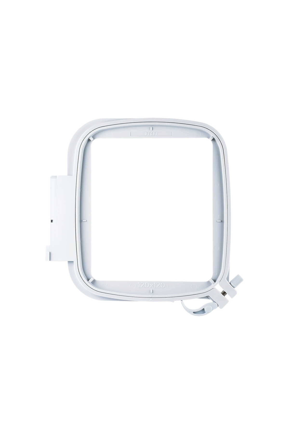 PFAFF creative 120 Square Hoop Stickrahmen 120 × 120 mm mit Spannschraube und geöffneten Rahmenaussparungen
