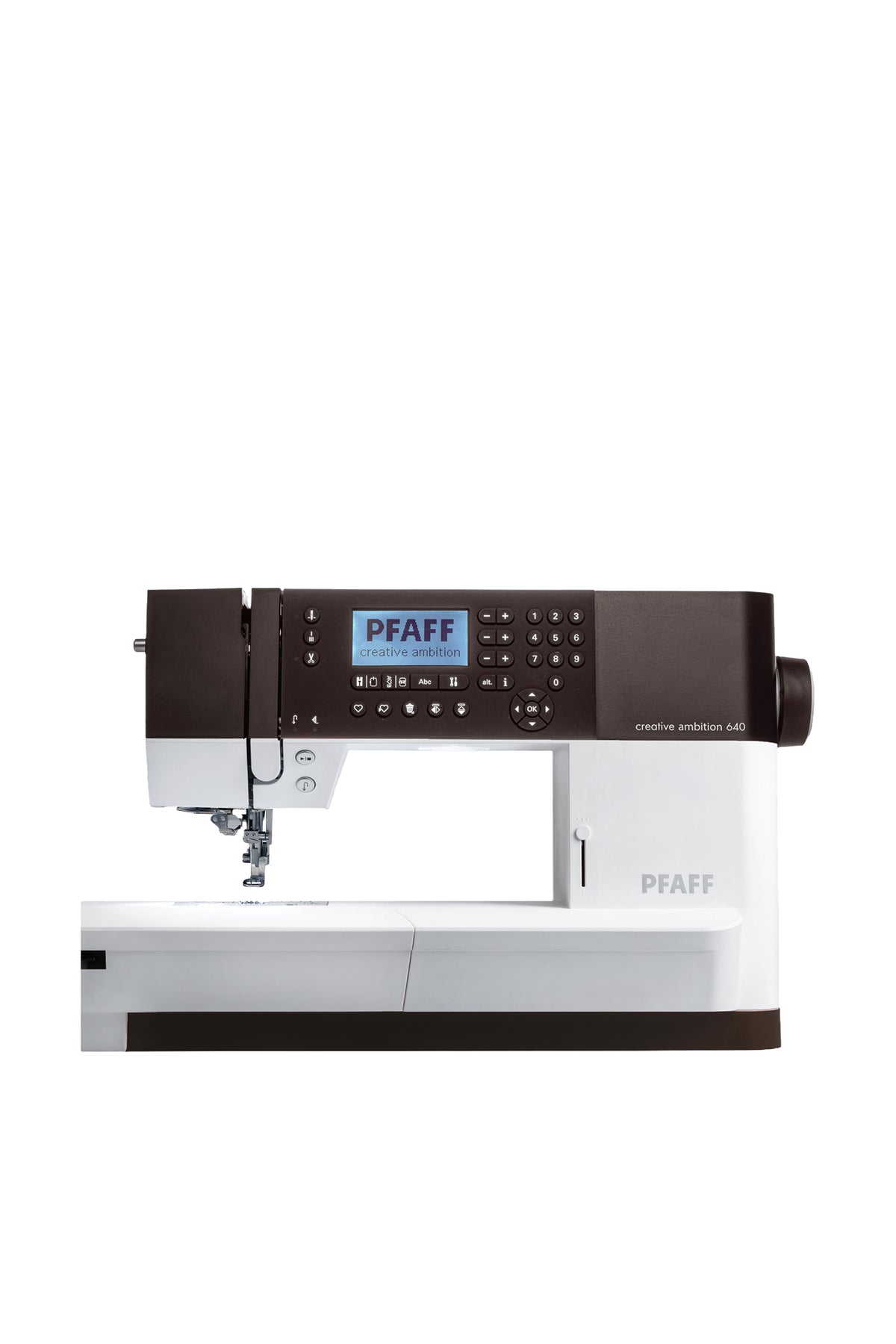 PFAFF Creative Ambition 640 with video tutorial, shown in a straight front view, isolated without a shadow on the floor