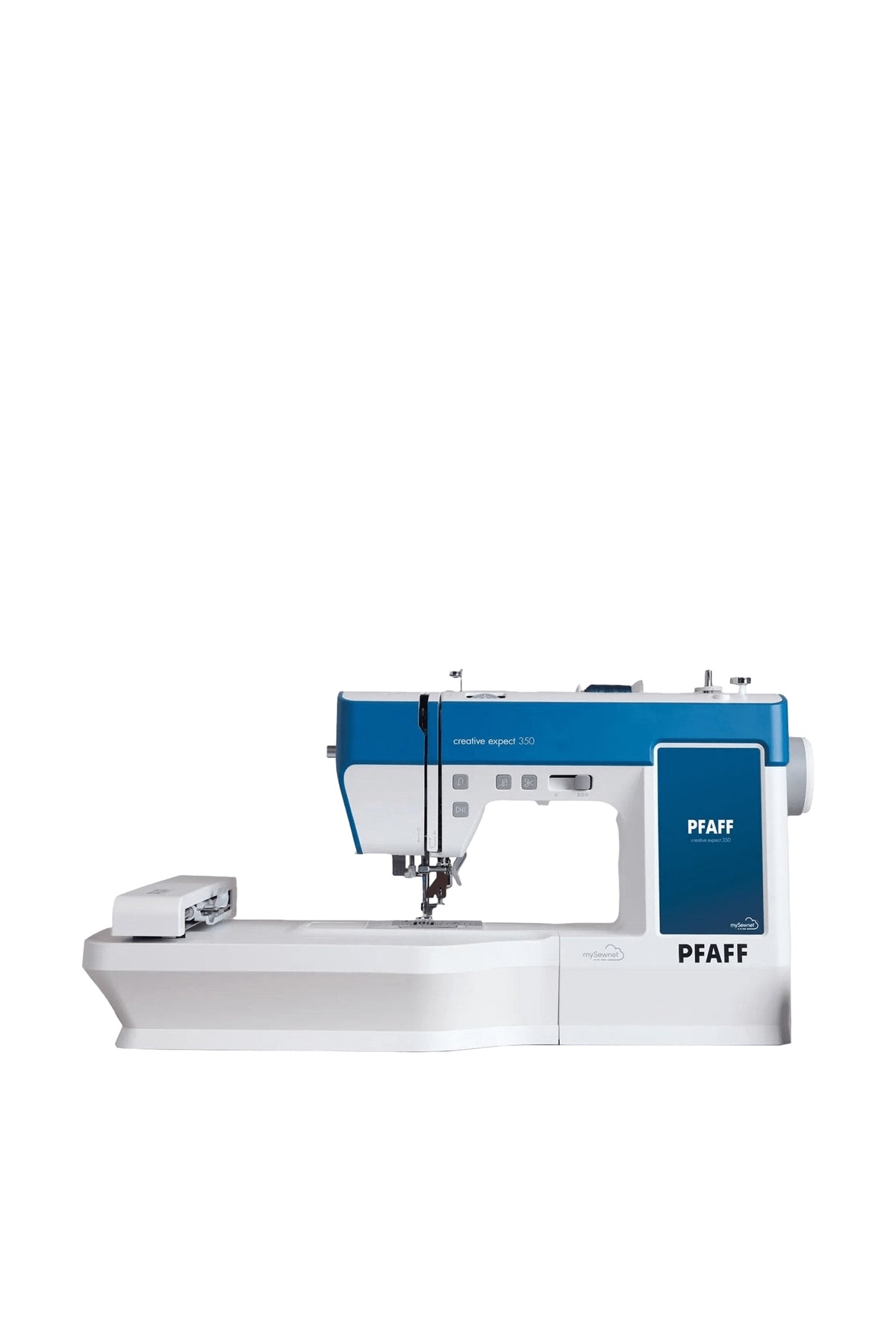 PFAFF Creative Expect 350 sewing and embroidery machine with video tutorial, shown in a straight-on front view, isolated and without a floor shadow