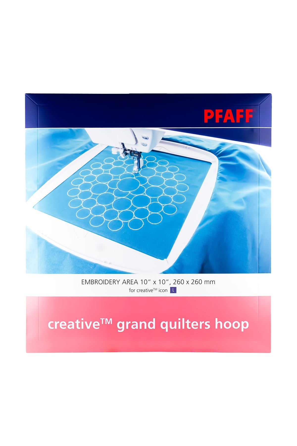 PFAFF Creative Grand Quilters Hoop – Cadre à broder 260 × 260 mm, dans son emballage d'origine complet avec un motif de patchwork imprimé