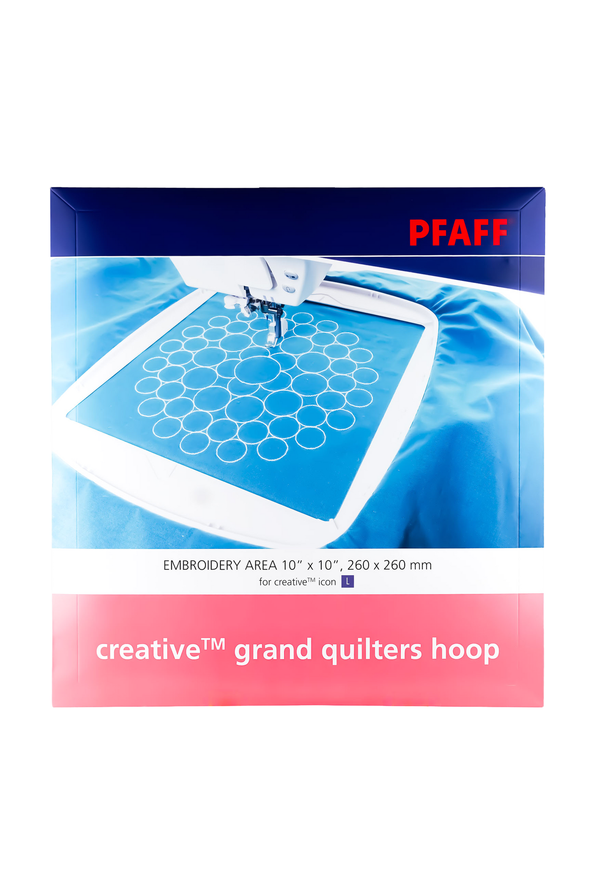 PFAFF creative Grand Quilters Hoop Stickrahmen 260 × 260 mm in vollständiger Originalverpackung mit aufgedruckter Quiltanwendung