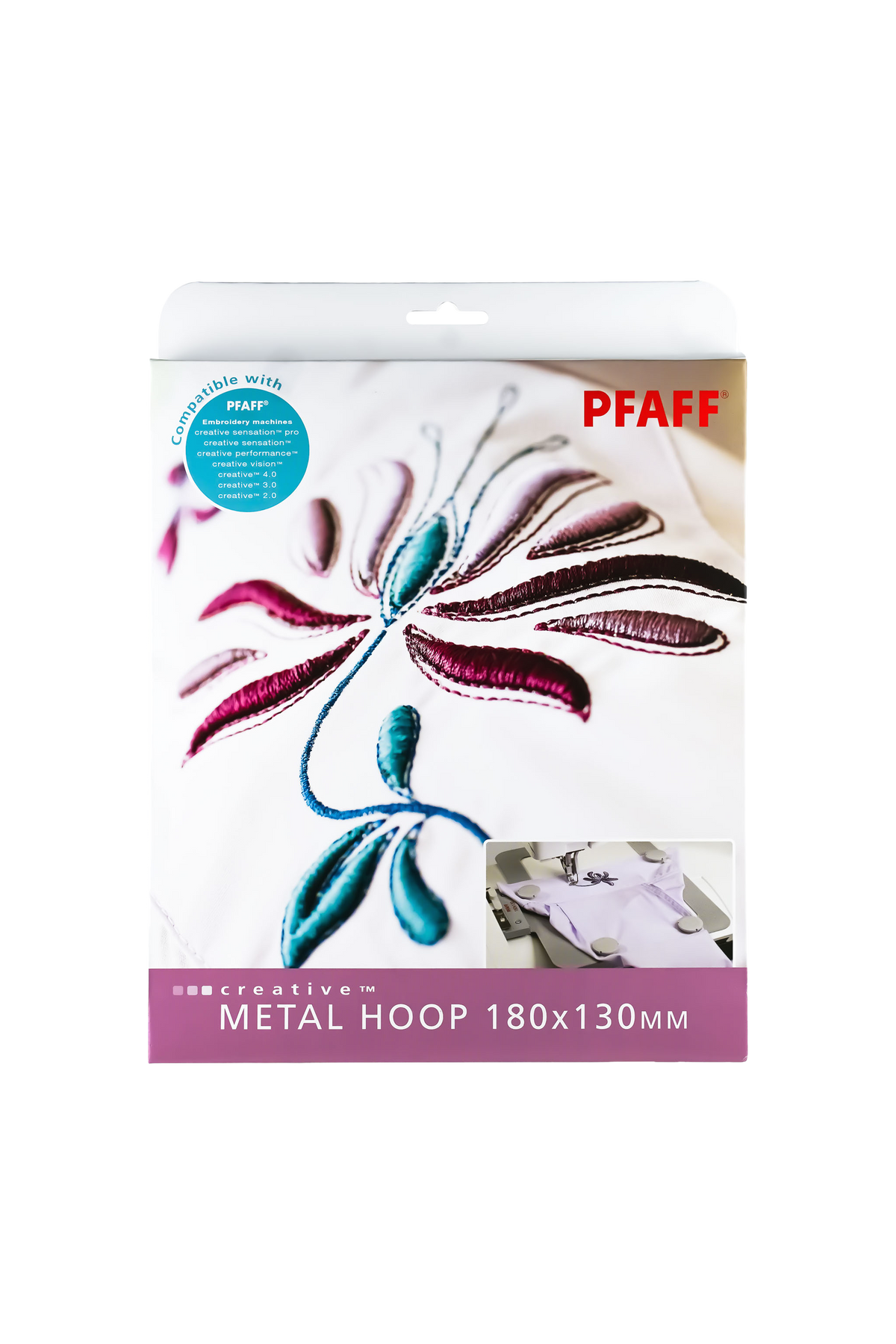 PFAFF creative Metal Hoop Magnetstickrahmen 180 × 130 mm in vollständiger Originalverpackung mit aufgedruckter Stickanwendung