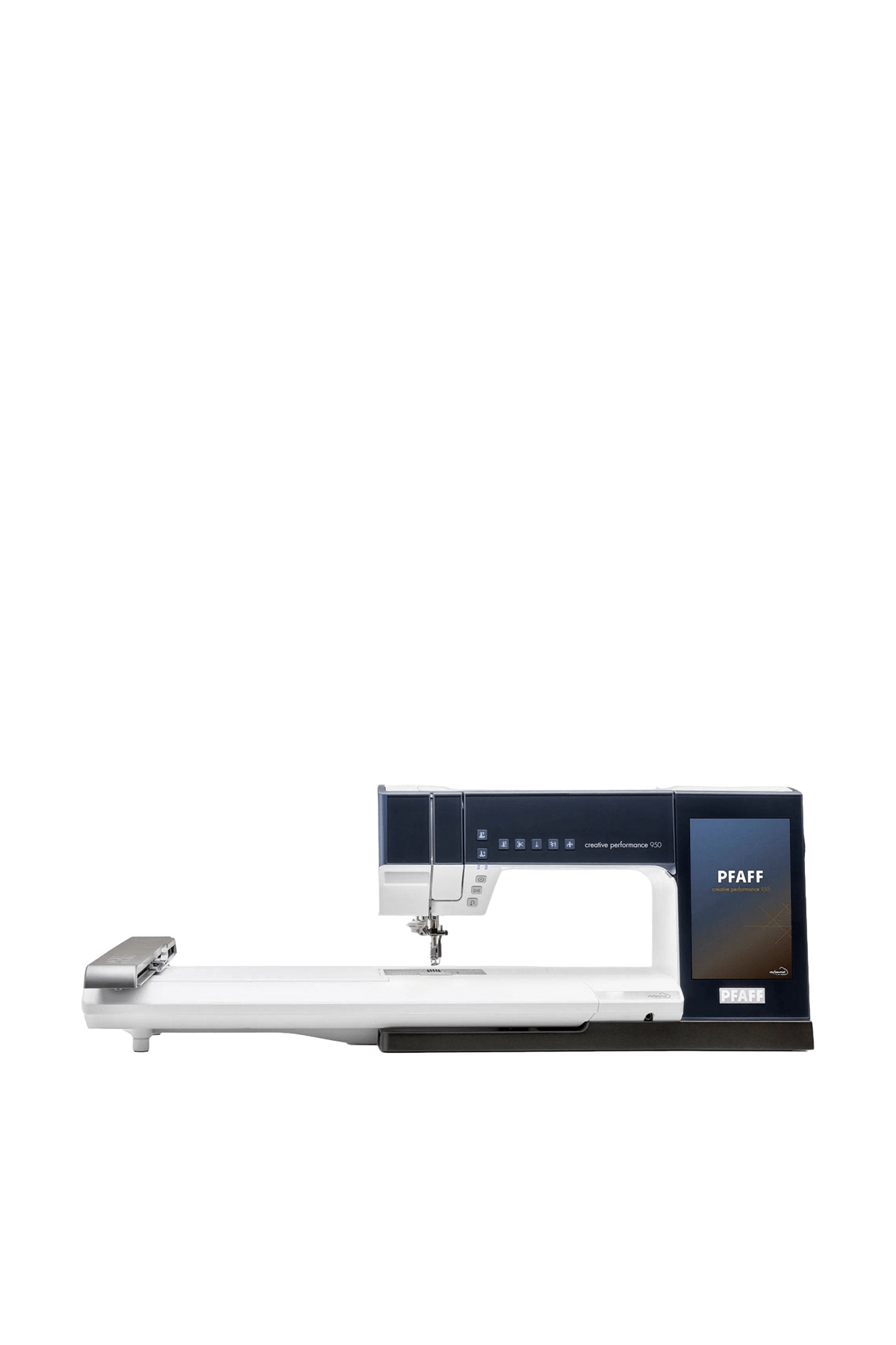 PFAFF creative performance 950 sy- og broderimaskine set lige forfra, fritstående uden skygge fra underlaget