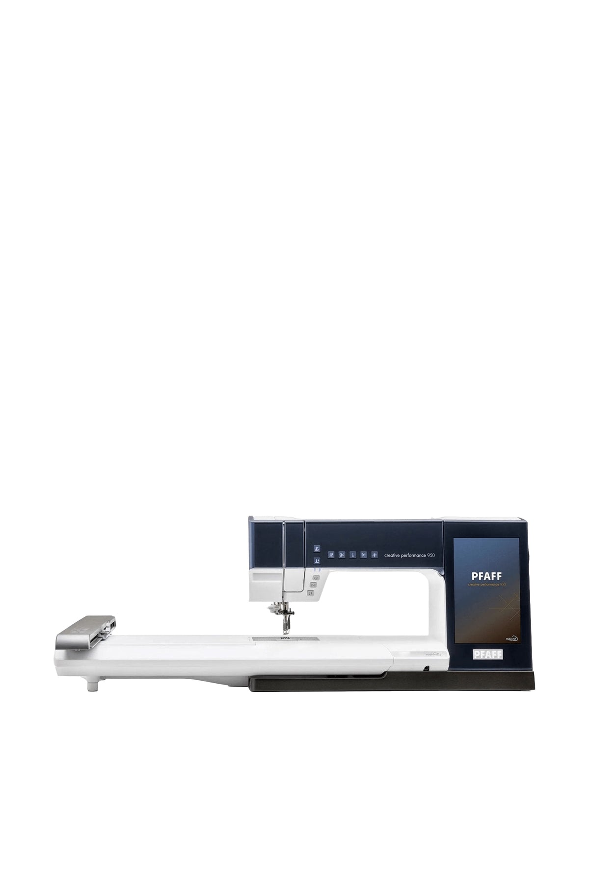 PFAFF creative performance 950 sy- og broderimaskine set lige forfra, fritstående uden skygge fra underlaget
