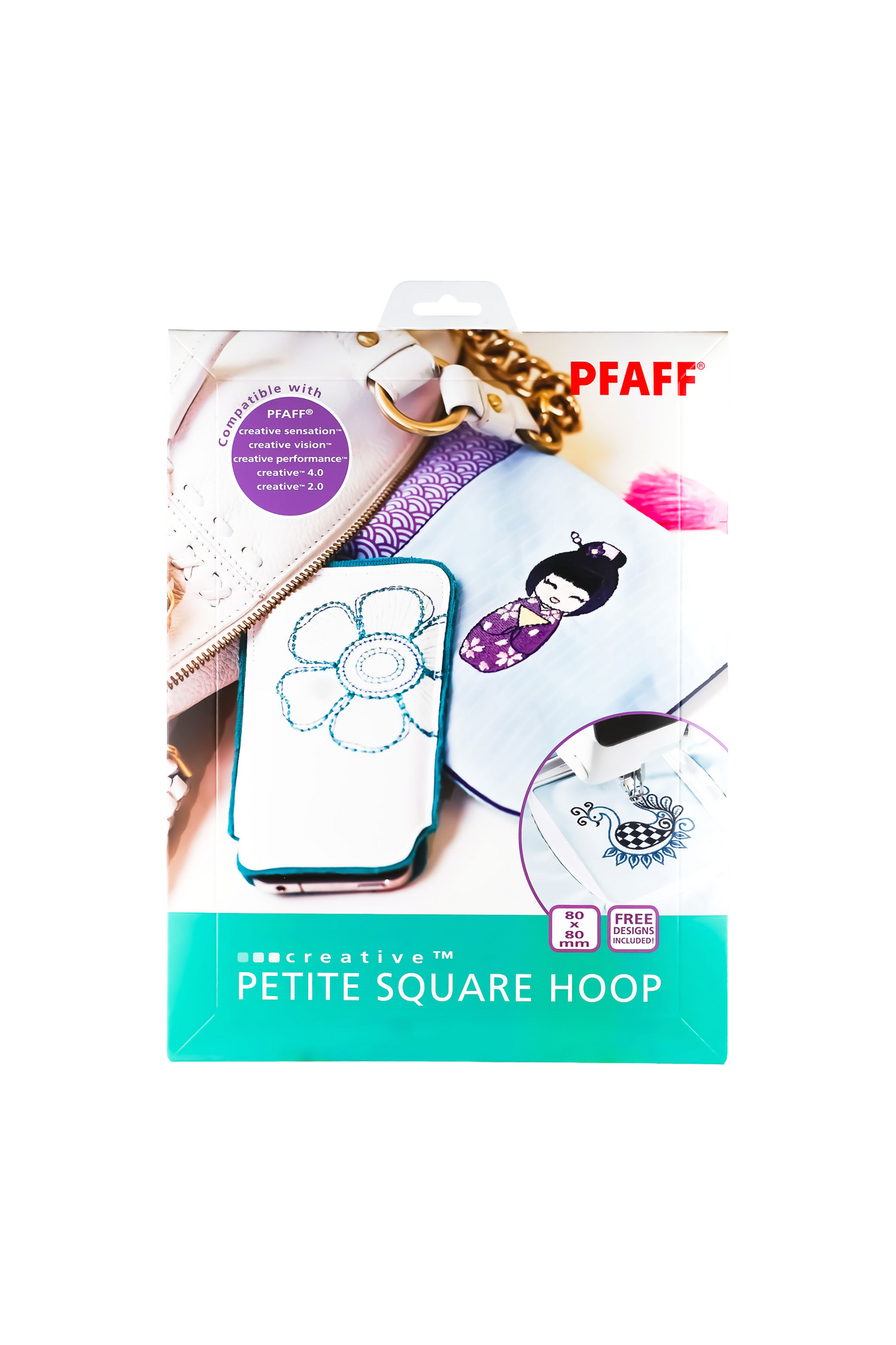 PFAFF creative Petite Square Hoop Stickrahmen 80 × 80 mm in vollständiger Originalverpackung mit aufgedruckten Stickmotiven