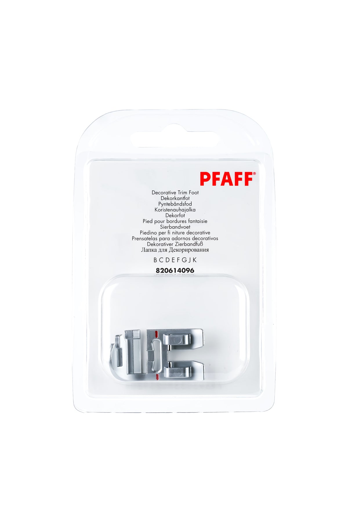PFAFF Decorative presser foot for the IDT System J K L, in its original, complete packaging, with the presser foot visible from the front