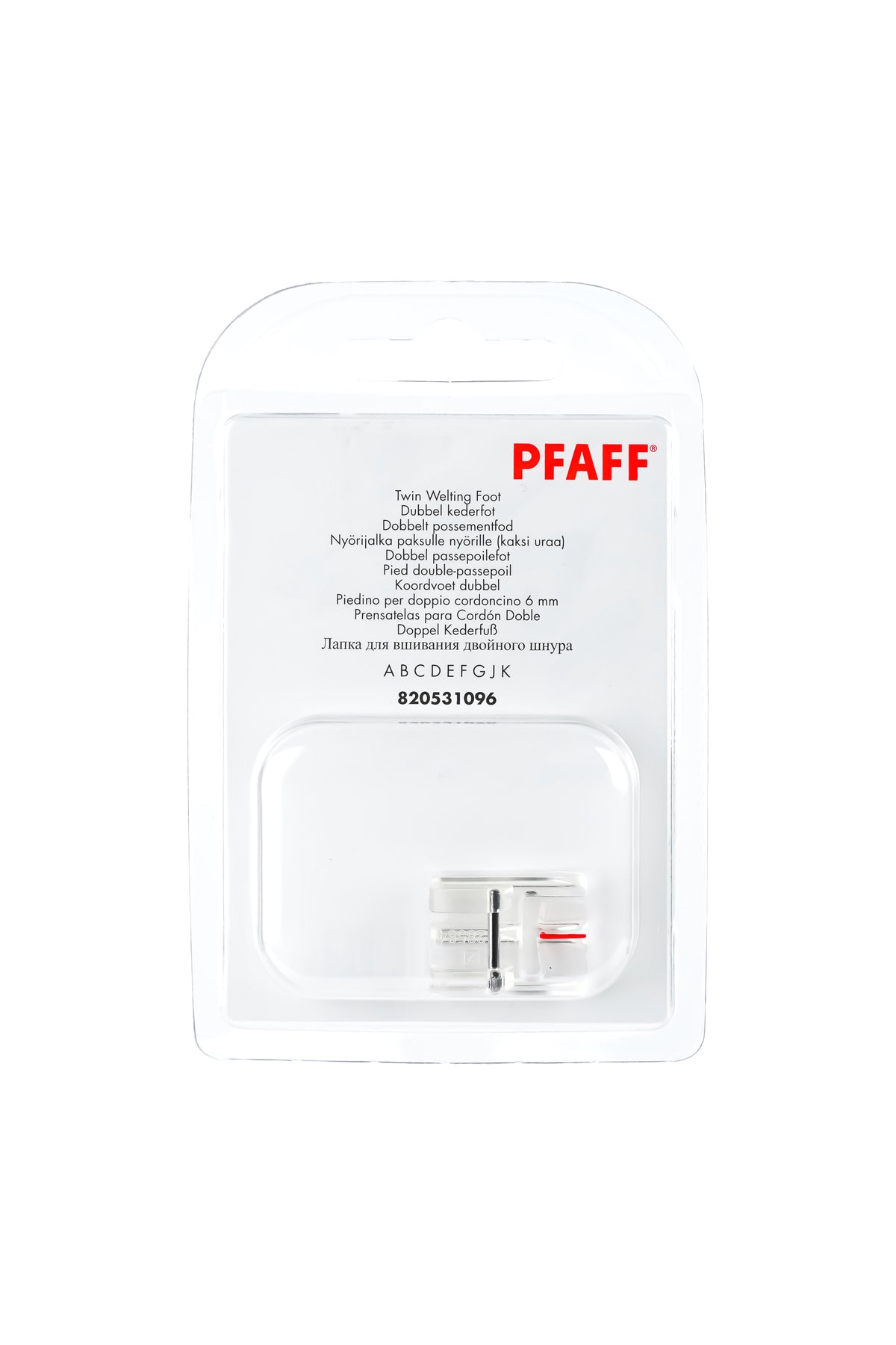 PFAFF dobbeltkederfod J K L i komplet originalemballage, set forfra med synlig syfod