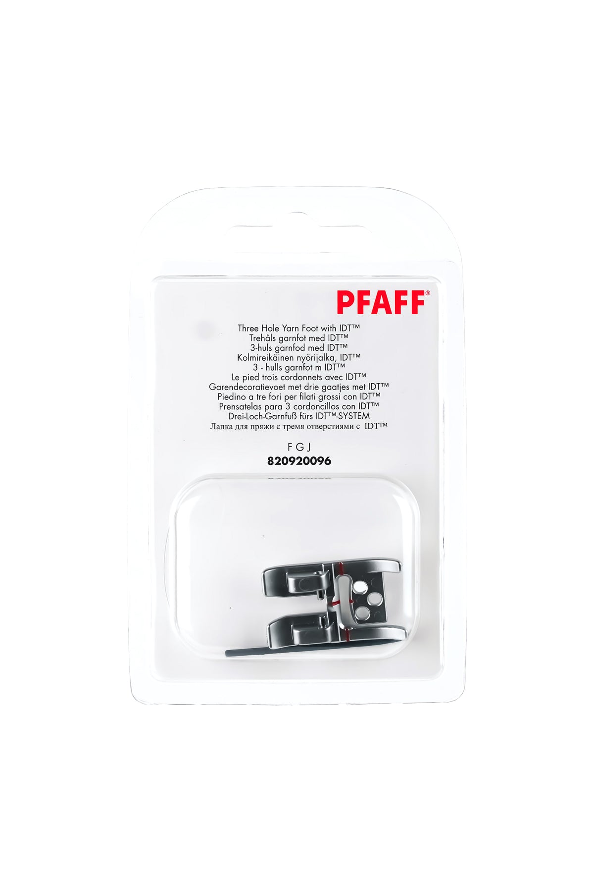 PFAFF Pied-de-biche à trois trous pour le système IDT J L, dans son emballage d'origine complet, avec le pied-de-biche visible de face
