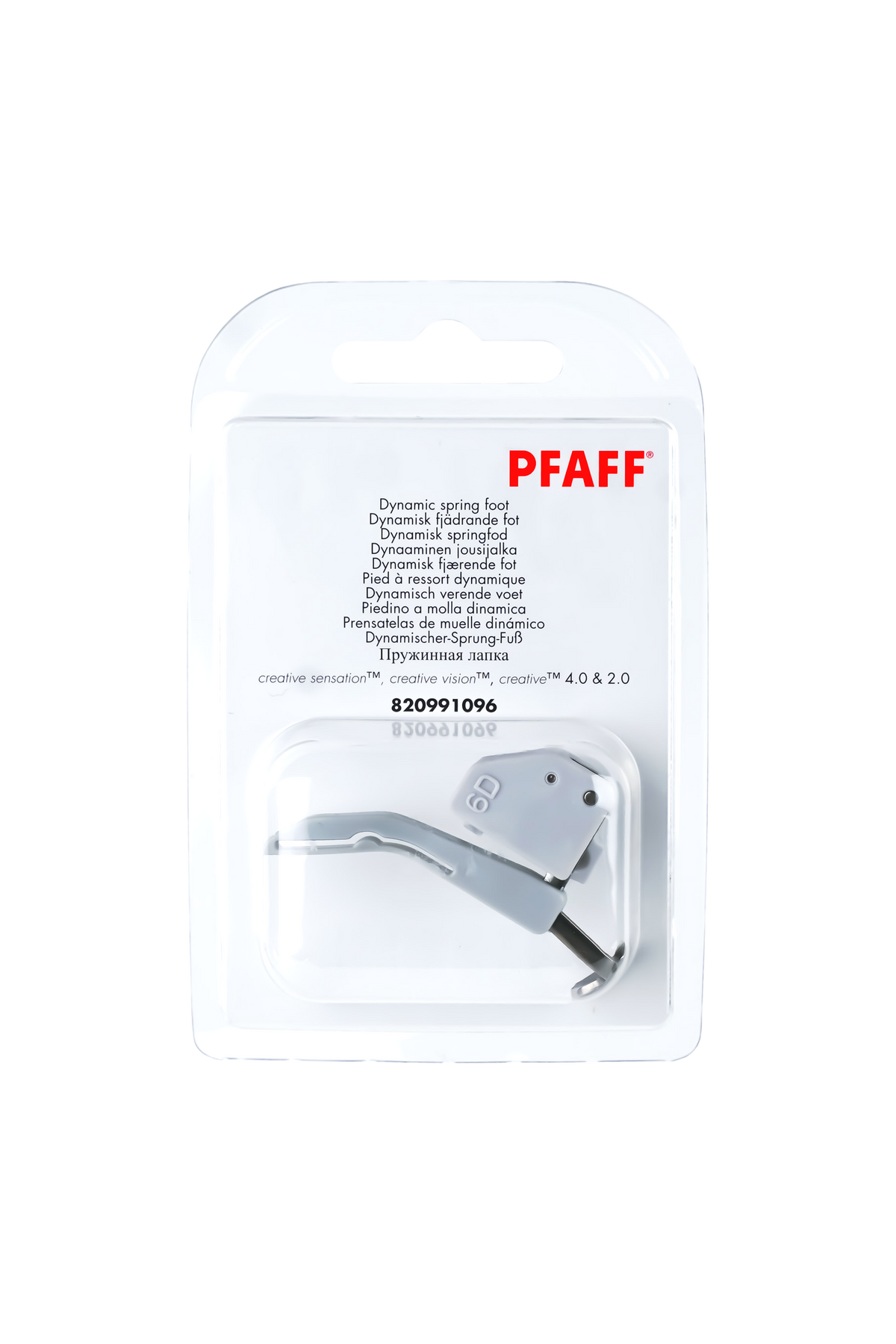 PFAFF Dynamischer Sprungfuß J in vollständiger Originalverpackung von vorne mit sichtbarem Nähfuß