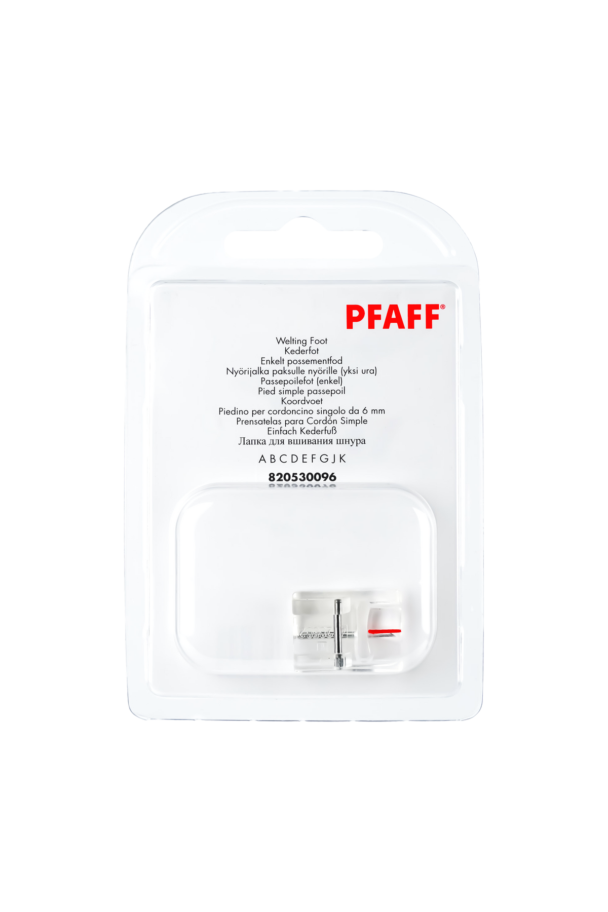 PFAFF enkelvoudige biesvoet J K L in de volledige originele verpakking, met de naaivoet aan de voorkant zichtbaar