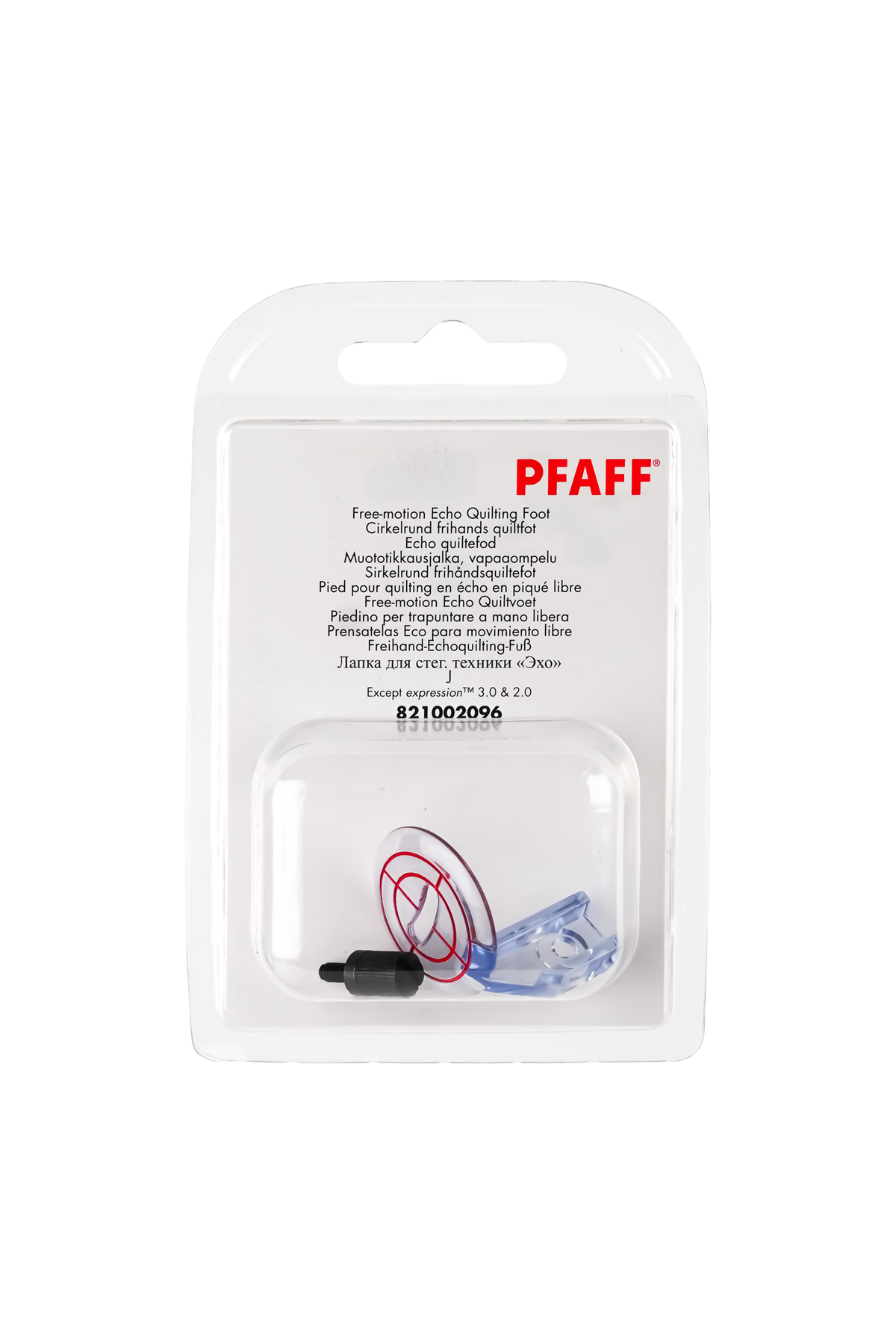 PFAFF-voet voor echoquilting uit de vrije hand, model J L, in de originele verpakking, gezien vanaf de voorkant