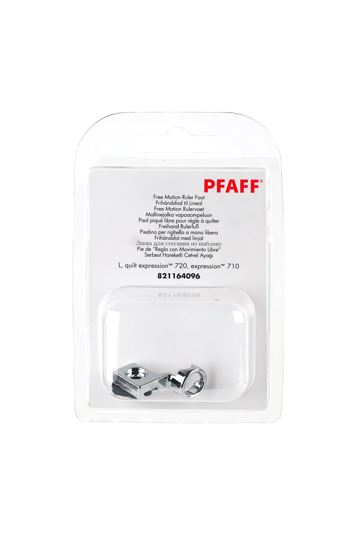 PFAFF Freihand-Rulerfuß L + Expect 720 in vollständiger Originalverpackung von vorne mit sichtbarem Nähfuß