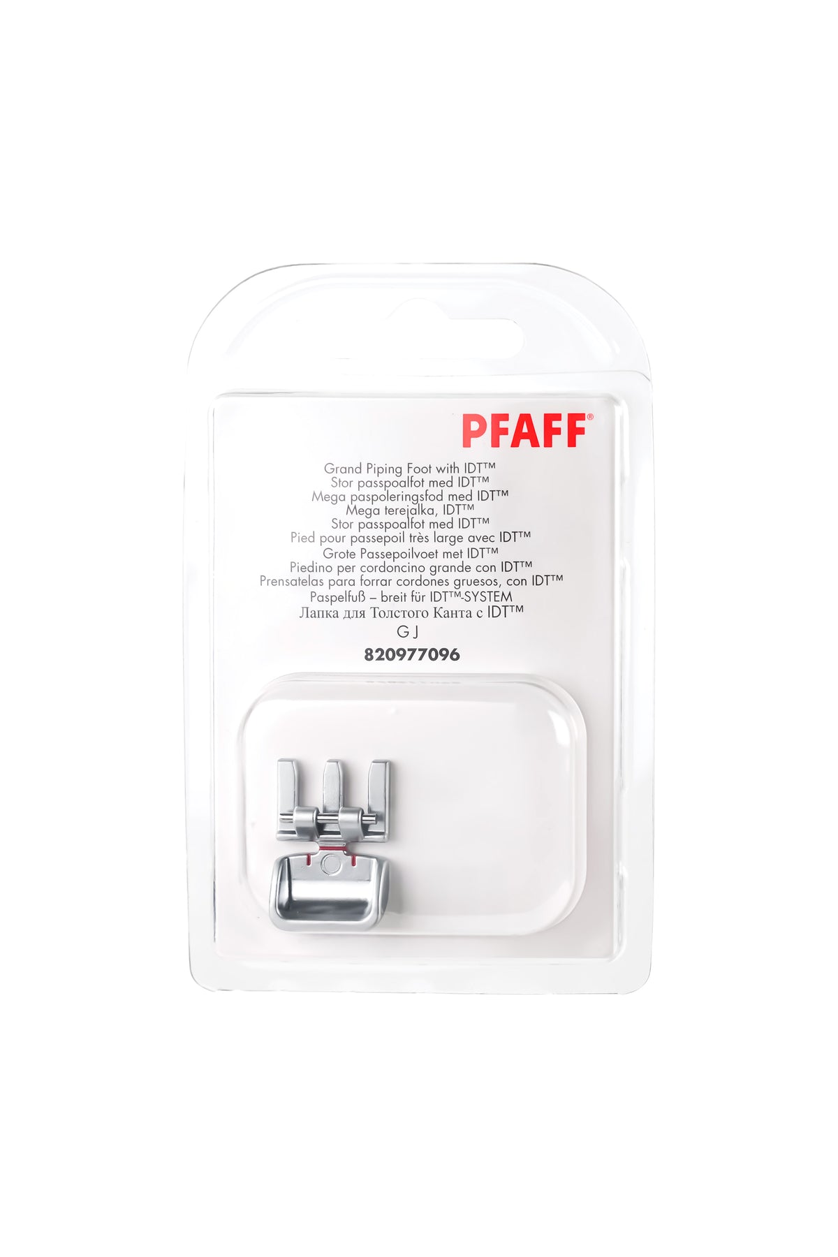 PFAFF stor paspoleringsfod til IDT-systemet J K L i komplet originalemballage, set forfra med synlig syfod