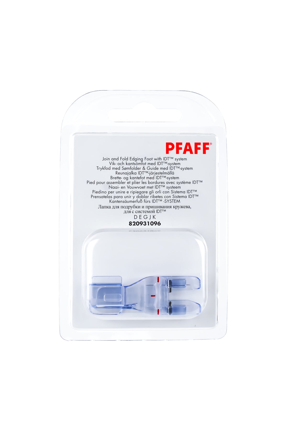 PFAFF Kantensäumerfuß für IDT-System J K L in vollständiger Originalverpackung von vorne mit sichtbarem Nähfuß