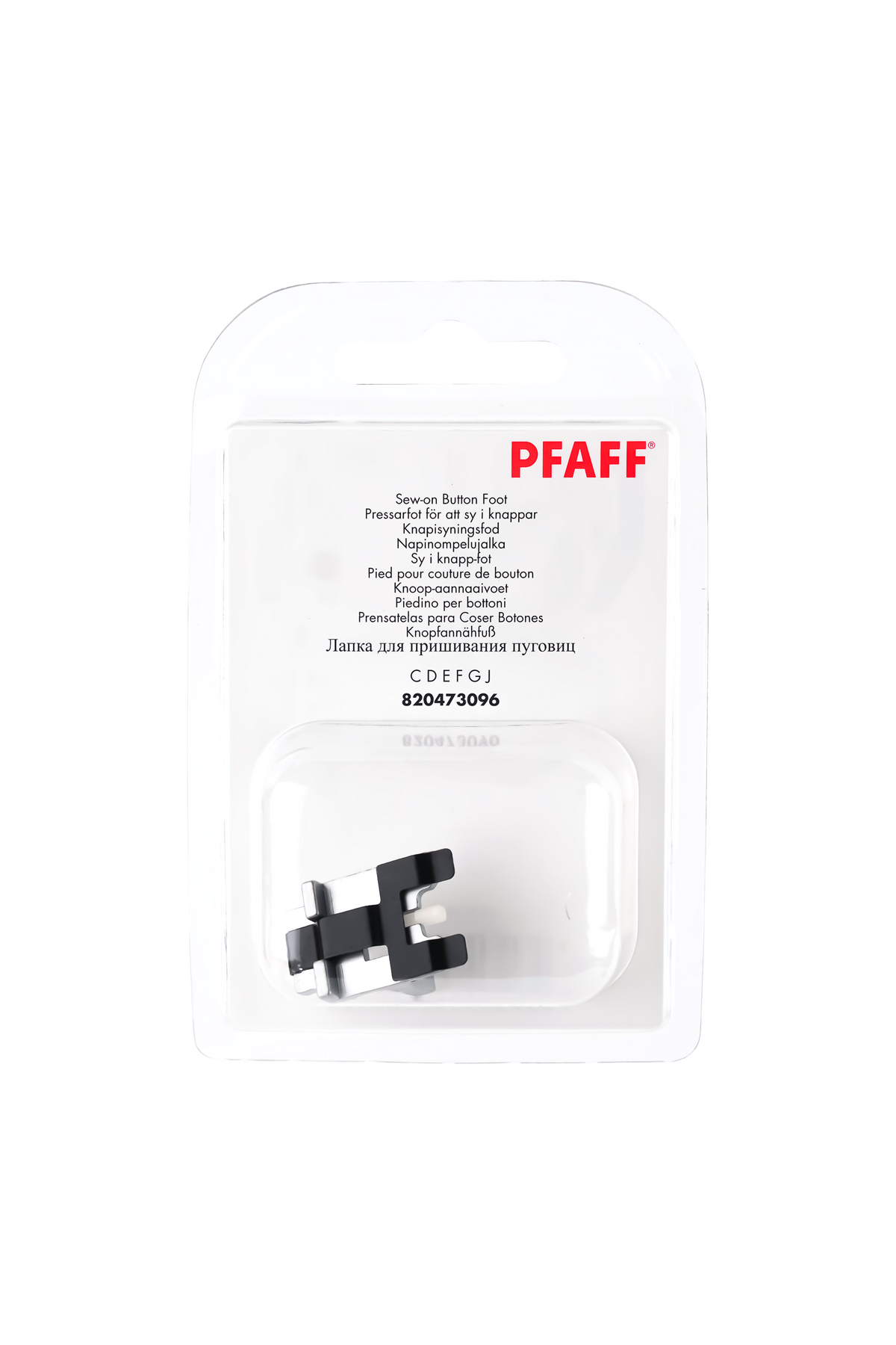 PFAFF Knopfannähfuß J K L in vollständiger Originalverpackung von vorne mit sichtbarem Nähfuß