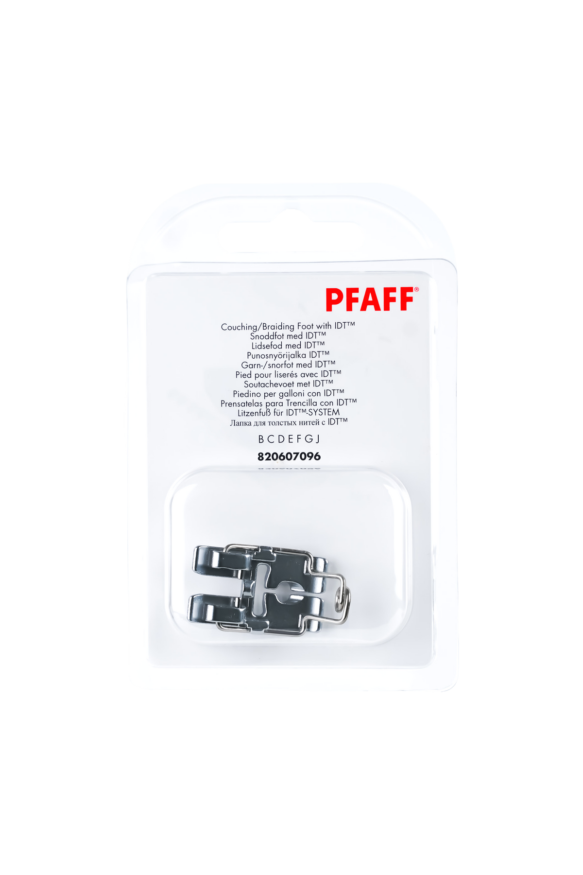 PFAFF Litzenfuß für IDT-System J K L in vollständiger Originalverpackung von vorne mit sichtbarem Nähfuß