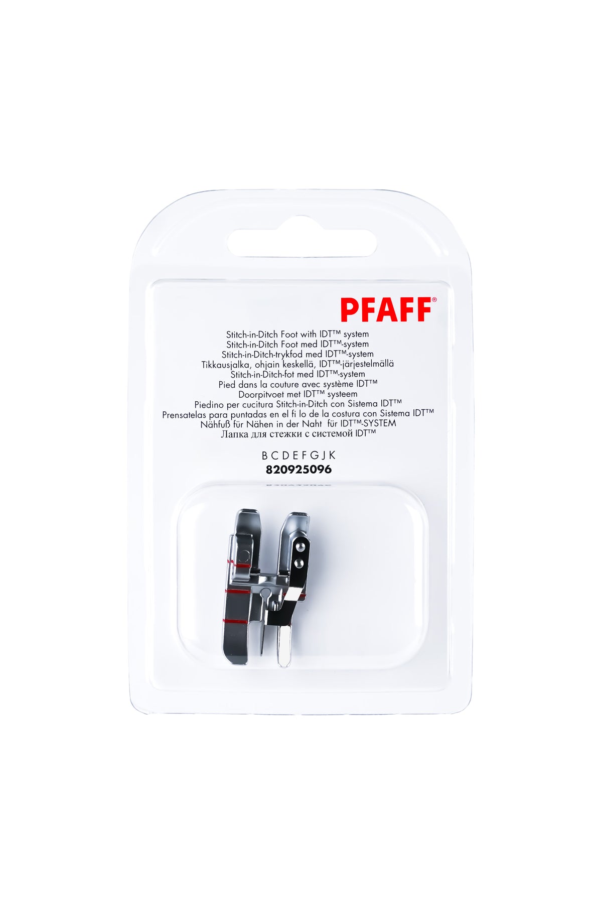 PFAFF Presser foot for sewing along the seam for the IDT system J K L, in its original packaging, viewed from the front