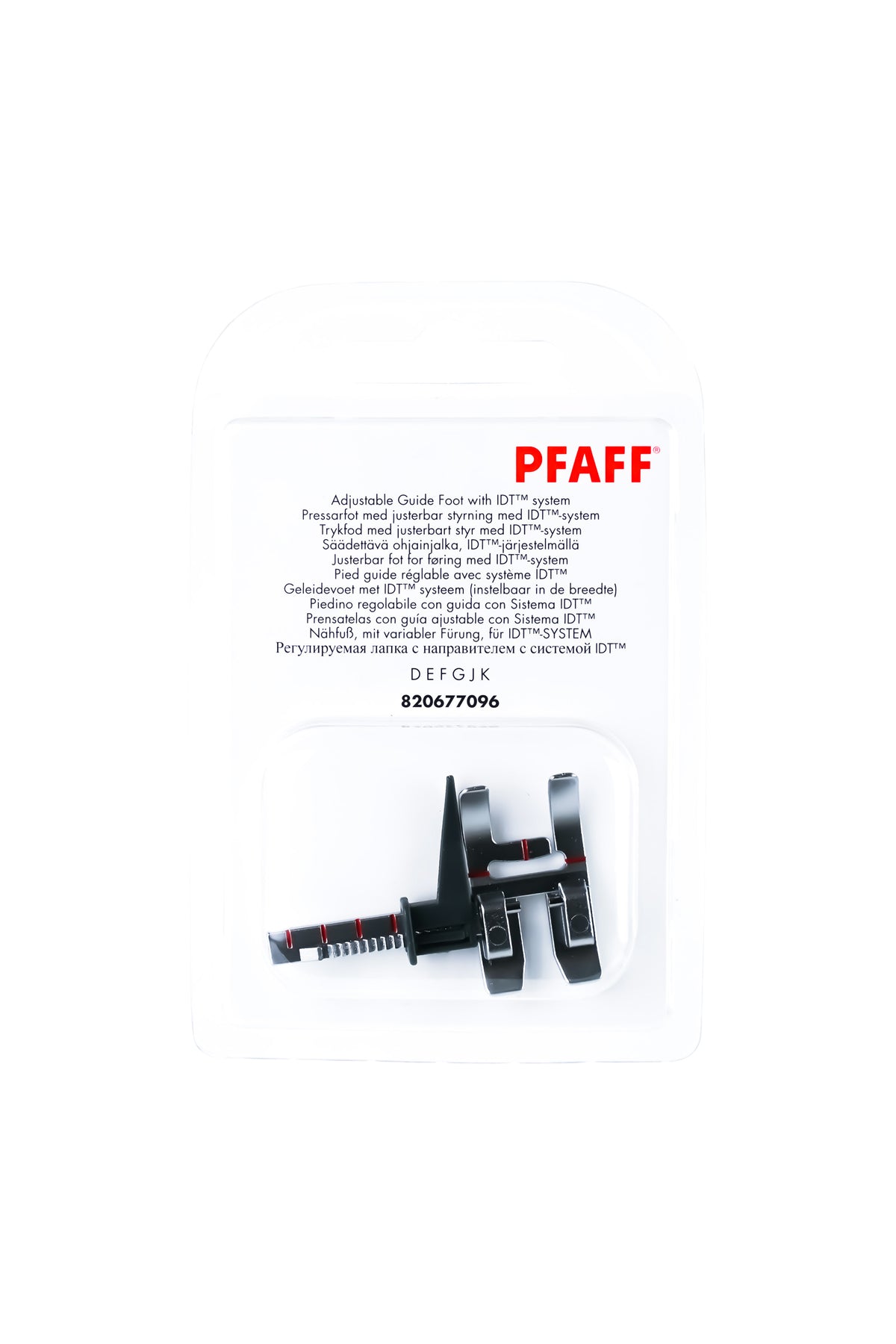PFAFF Nähfuß mit variabler Führung für IDT-System J K in vollständiger Originalverpackung von vorne mit sichtbarem Nähfuß