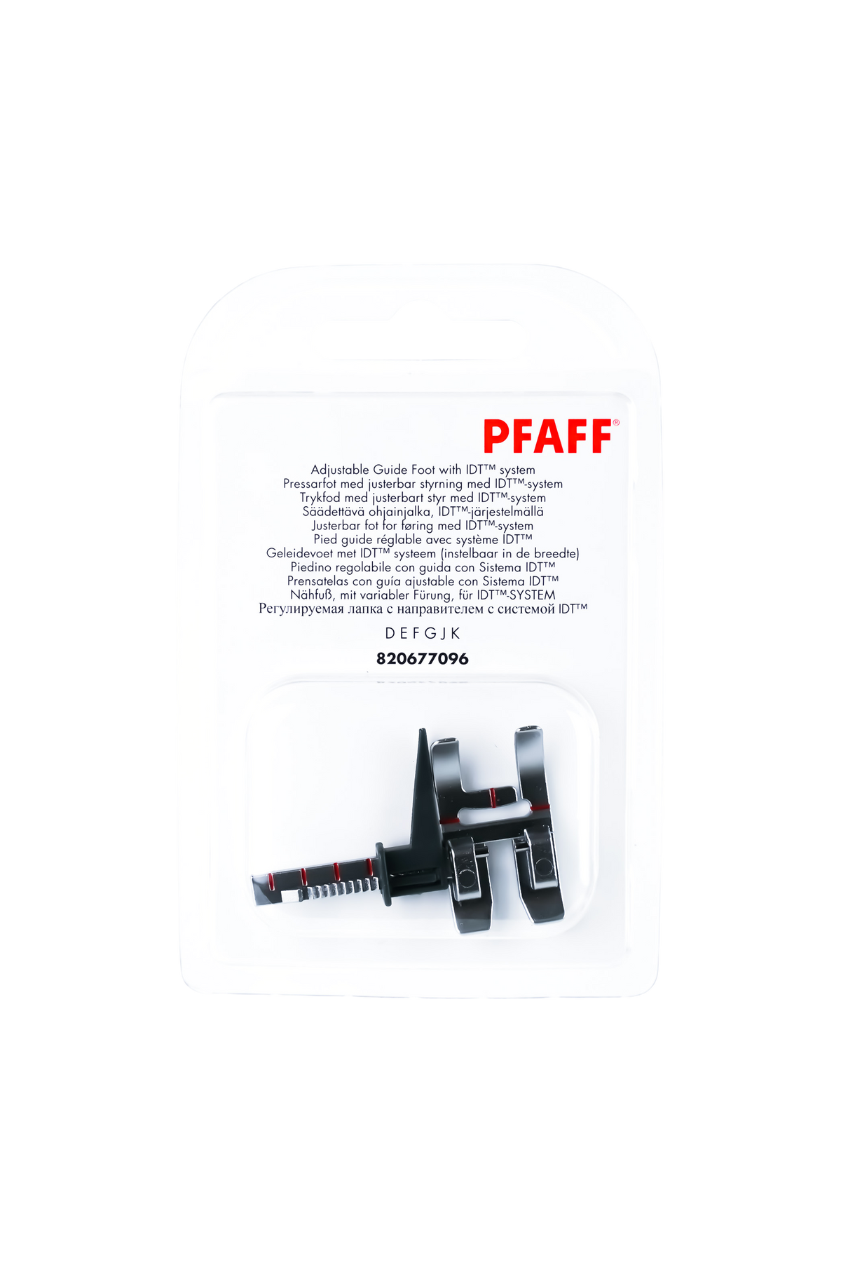 PFAFF Nähfuß mit variabler Führung für IDT-System J K in vollständiger Originalverpackung von vorne mit sichtbarem Nähfuß