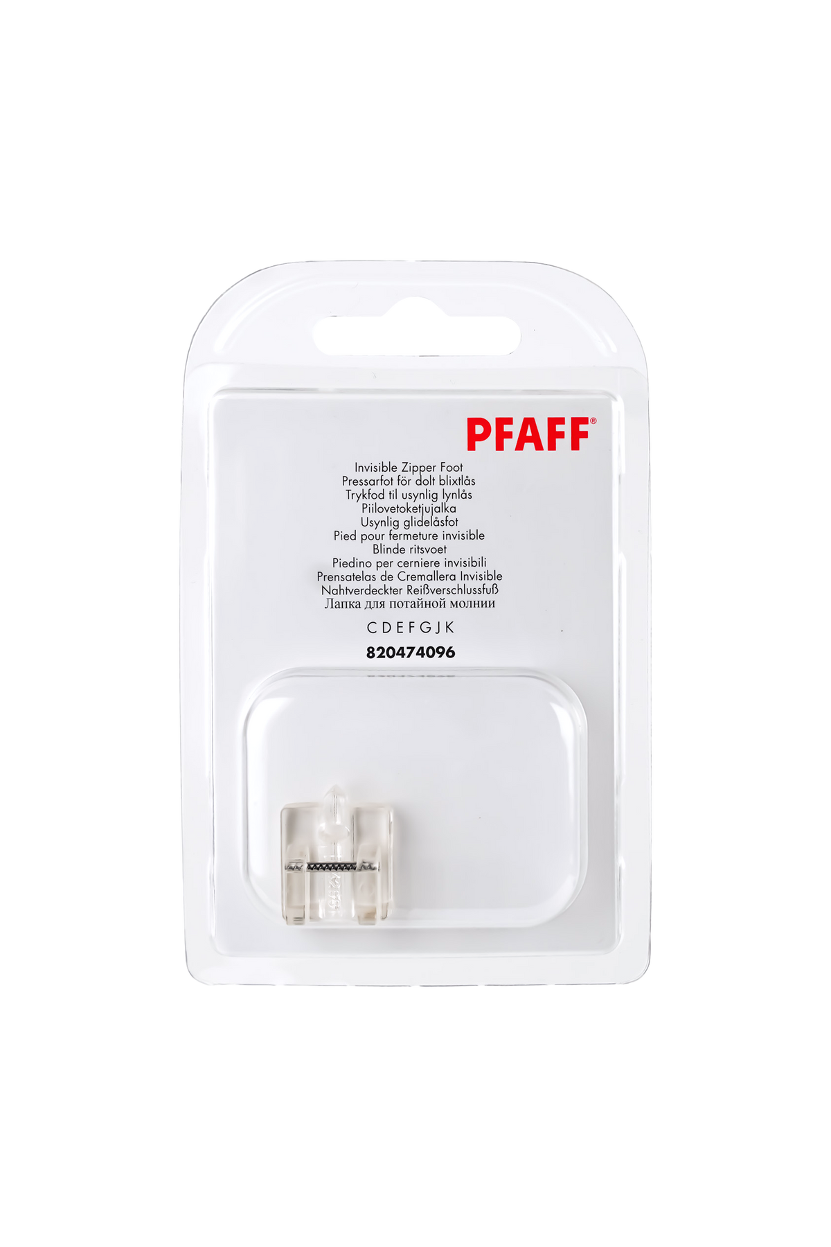 PFAFF Nahtverdeckter Reißverschlussfuß J K L in vollständiger Originalverpackung von vorne mit sichtbarem Nähfuß