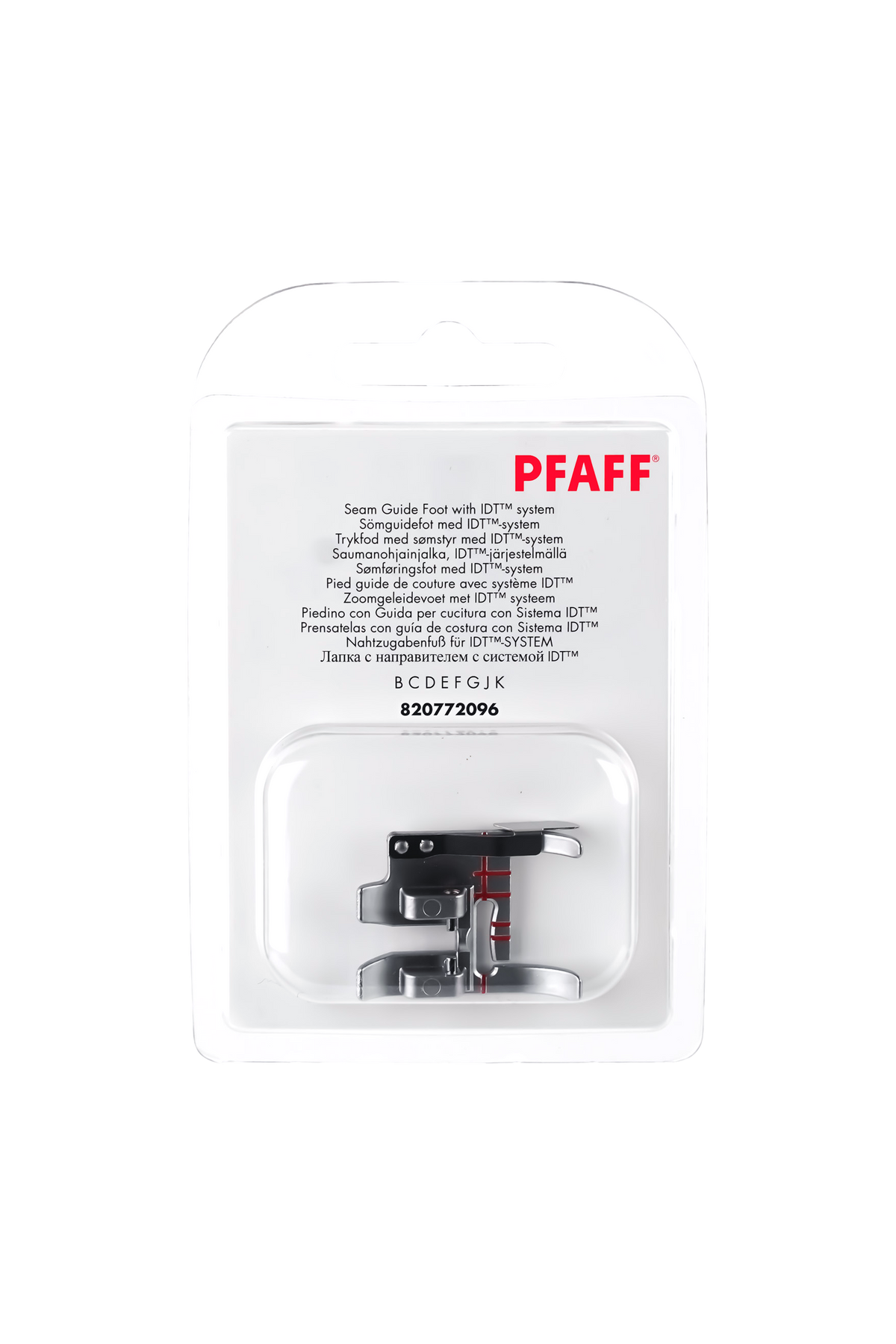 PFAFF Nahtzugabenfuß für IDT-System J K L in vollständiger Originalverpackung von vorne mit sichtbarem Nähfuß