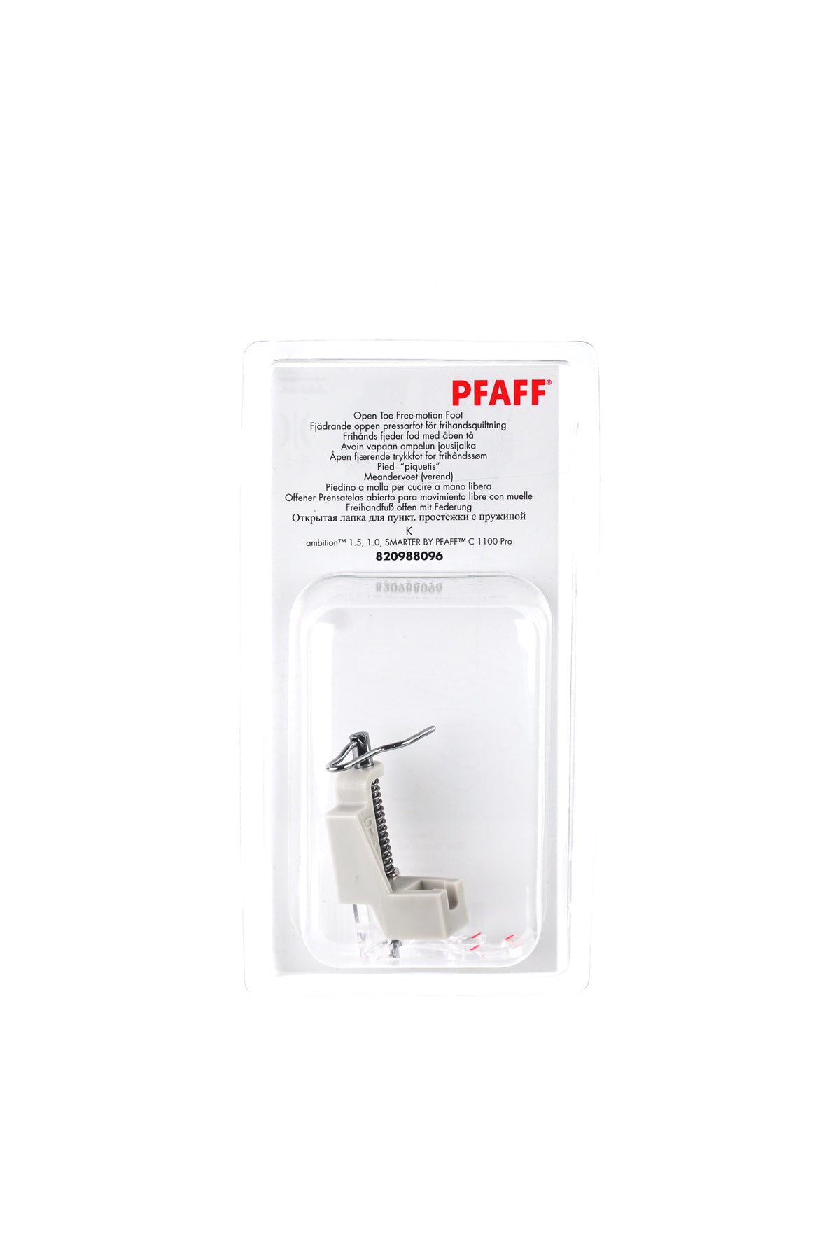 PFAFF Open-toe free-motion presser foot K in its original, unopened packaging, viewed from the front with the presser foot visible