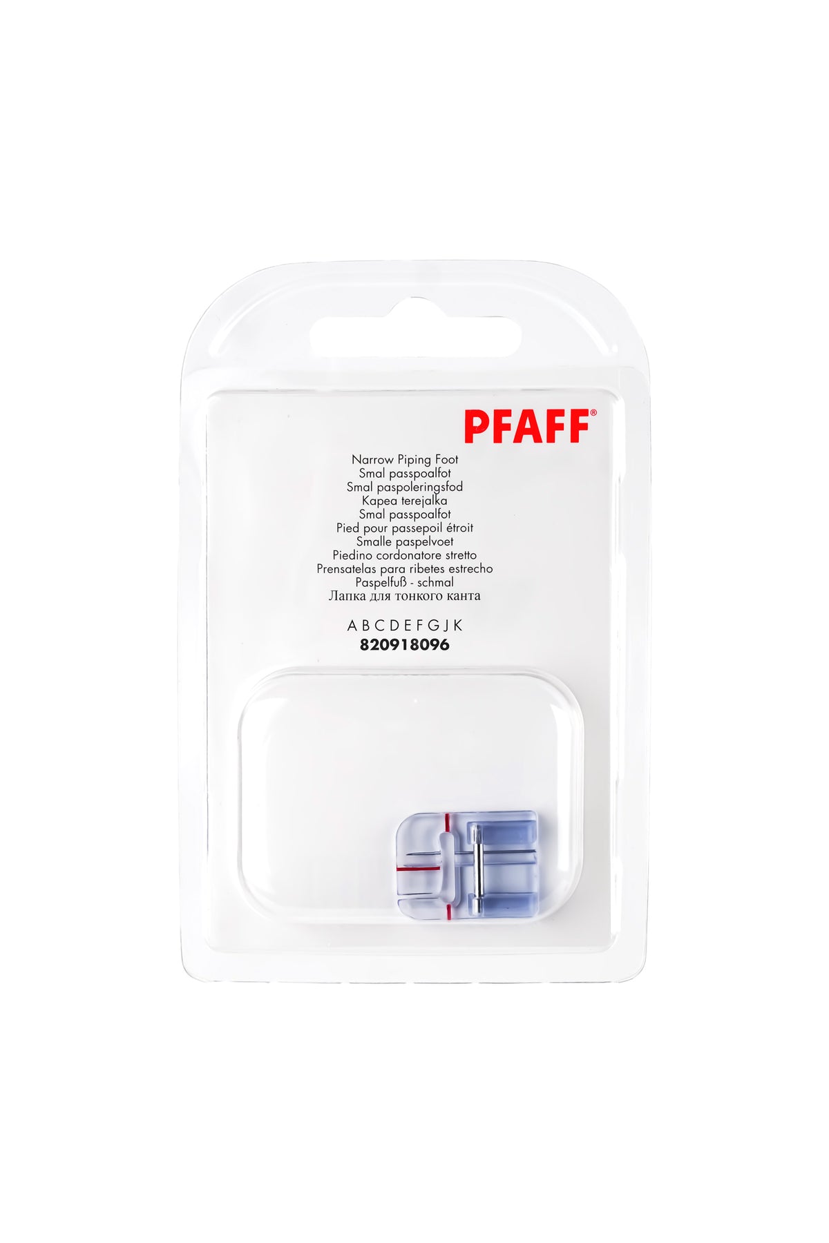 PFAFF smal paspel-fod J K L i komplet originalemballage, set forfra med synlig syfod
