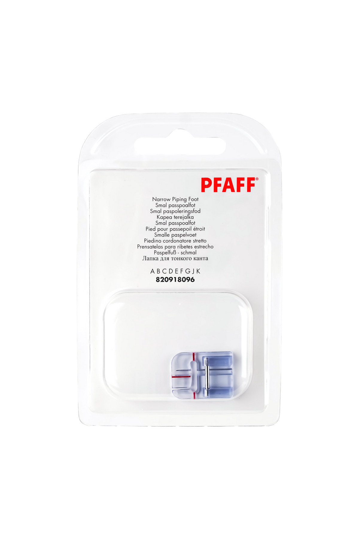 PFAFF Paspelfuß schmal J K L in vollständiger Originalverpackung von vorne mit sichtbarem Nähfuß