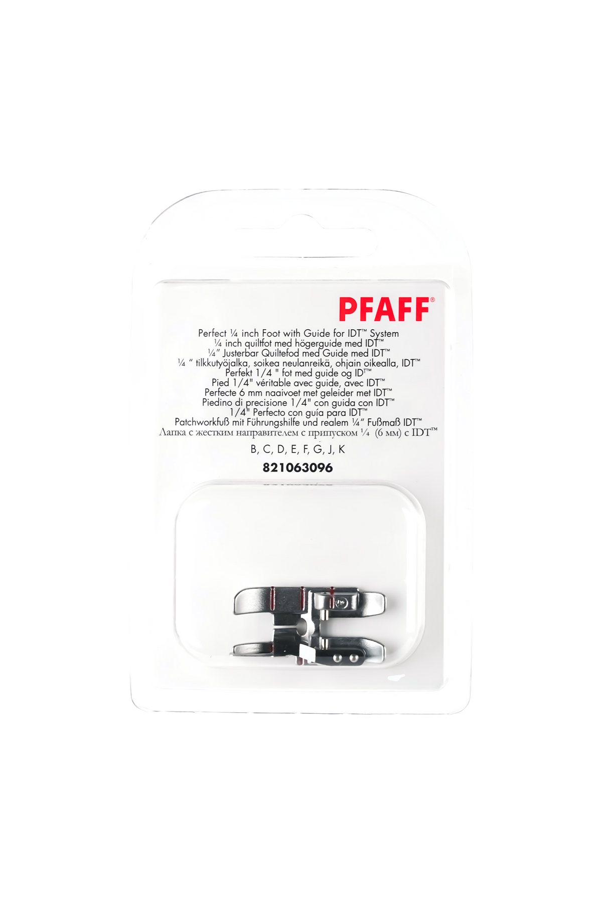 PFAFF Patchworkfuß mit Führung für IDT™ in vollständiger Originalverpackung von vorne mit sichtbarem Nähfuß