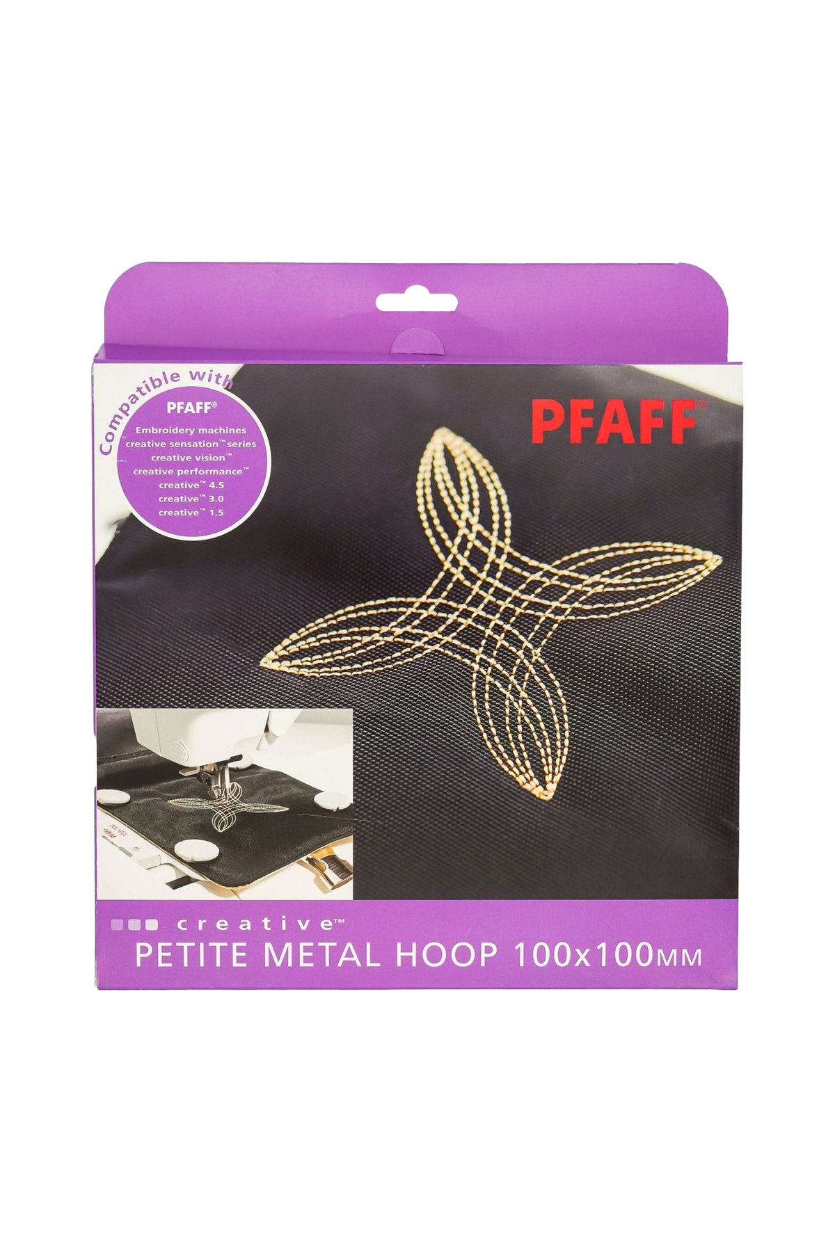 PFAFF creative Petite Metal Hoop Magnetstickrahmen 100 × 100 mm in vollständiger Originalverpackung mit aufgedruckter Stickanwendung