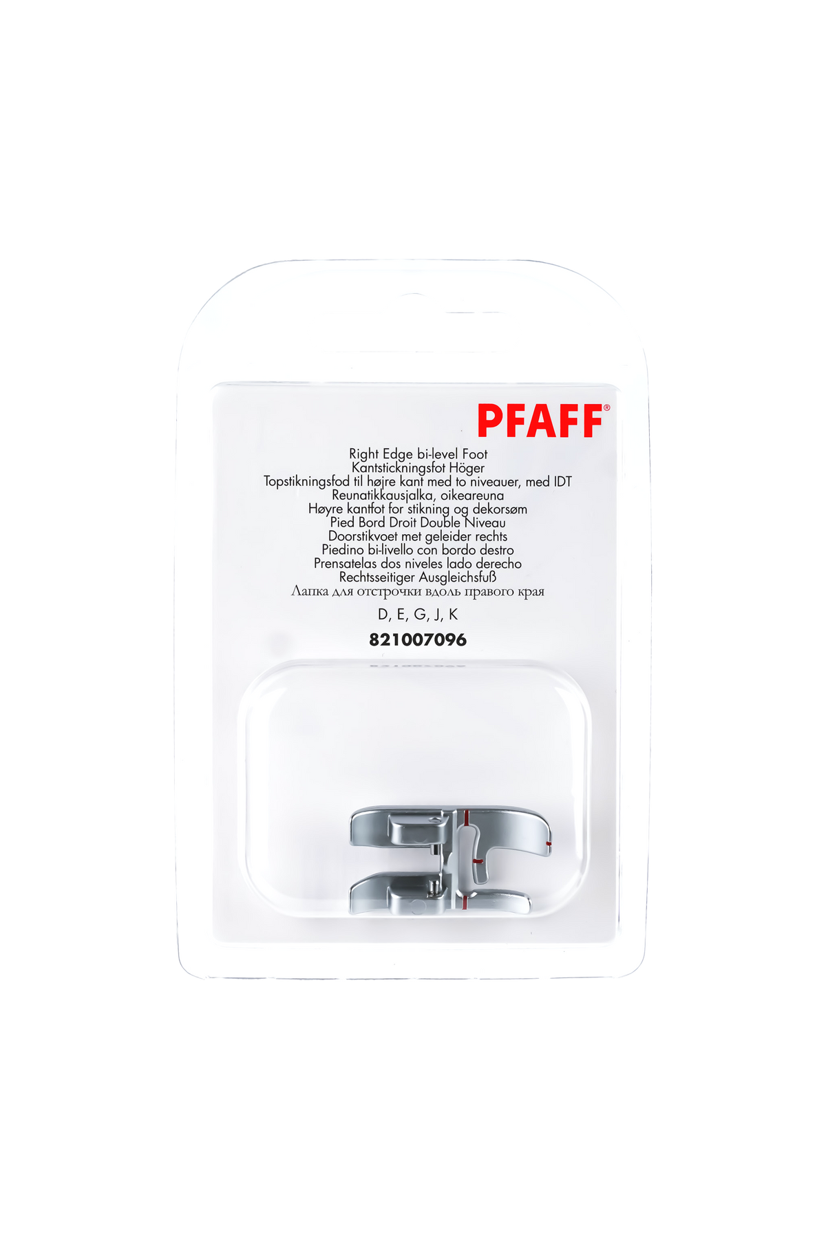 PFAFF Rechtsseitiger Ausgleichsfuß für IDT-System J K L in vollständiger Originalverpackung von vorne mit sichtbarem Nähfuß