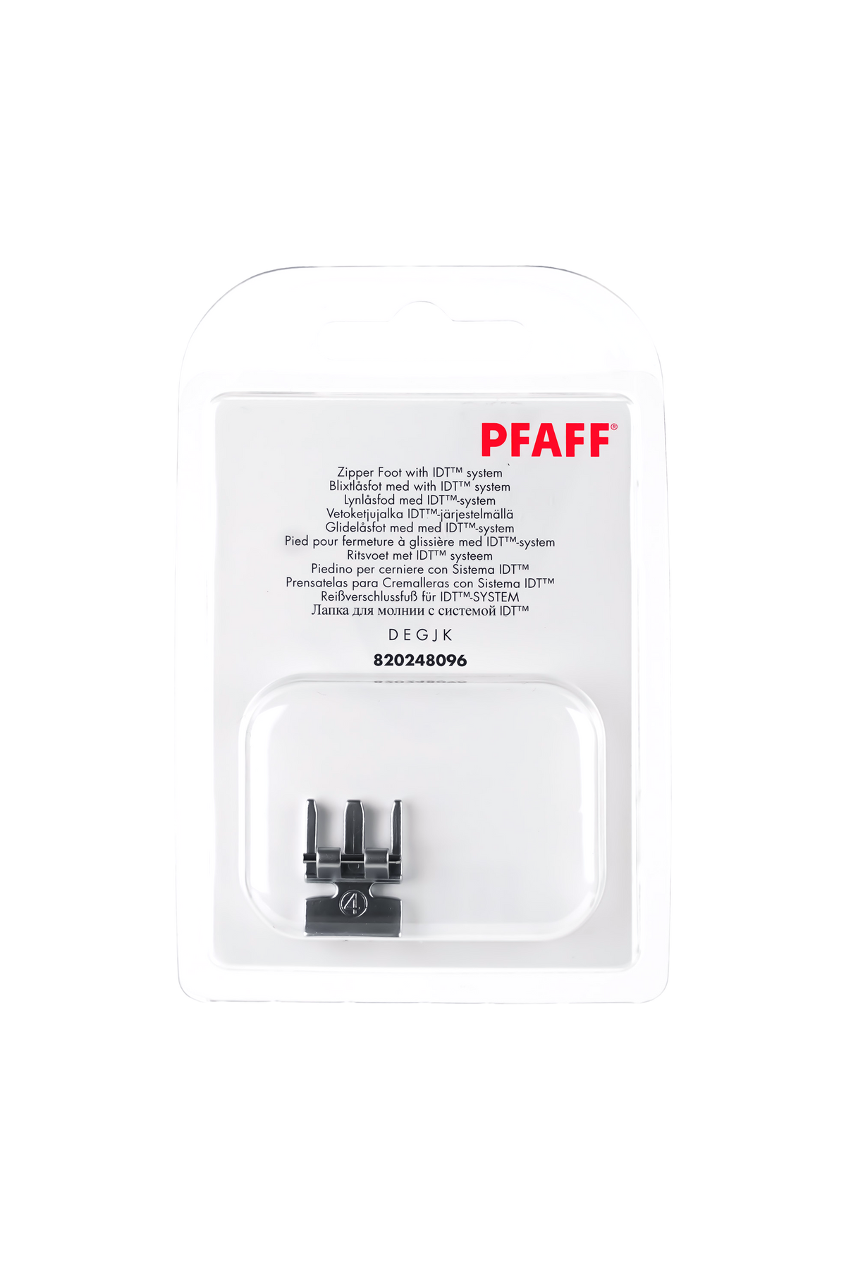 PFAFF Reißverschlussfuß für IDT-System J K L in vollständiger Originalverpackung von vorne mit sichtbarem Nähfuß