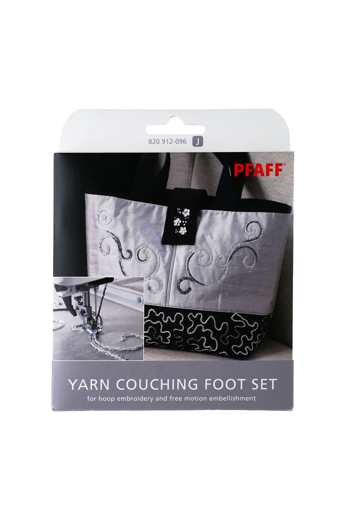 PFAFF Kit de pieds de broderie en relief J L dans son emballage d'origine, vu de face