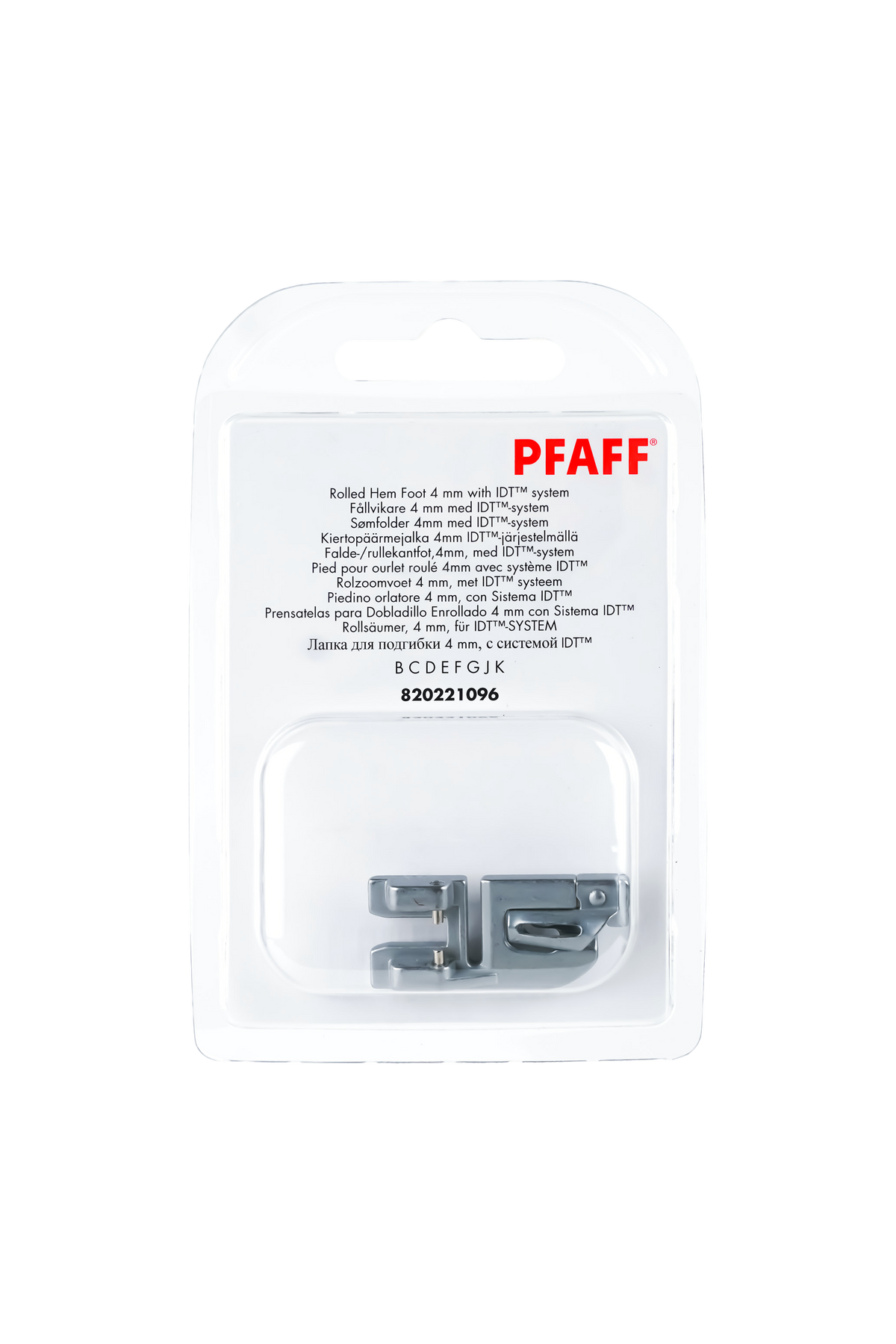 PFAFF Rollsäumer 4 mm in vollständiger Originalverpackung von vorne mit sichtbarem Nähfuß