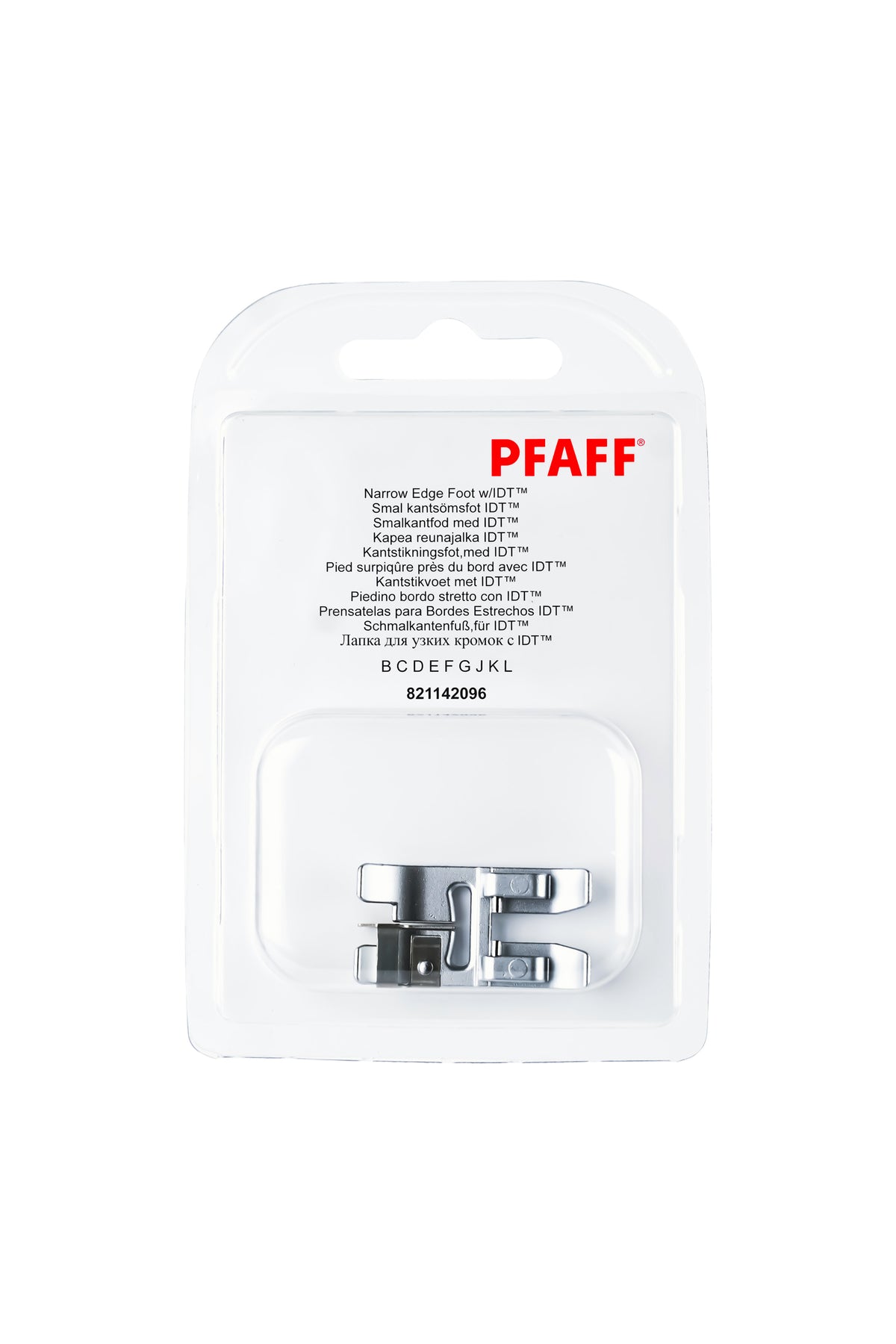PFAFF Schmalkantenfuß für IDT-System J K L in vollständiger Originalverpackung von vorne mit sichtbarem Nähfuß