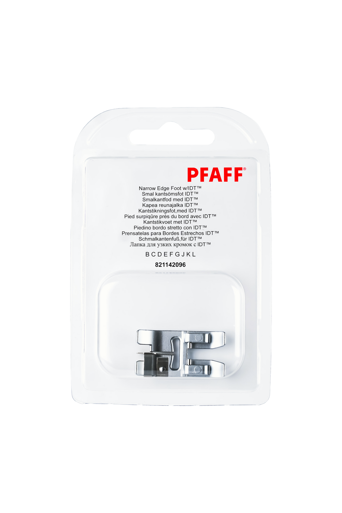 PFAFF Schmalkantenfuß für IDT-System J K L in vollständiger Originalverpackung von vorne mit sichtbarem Nähfuß