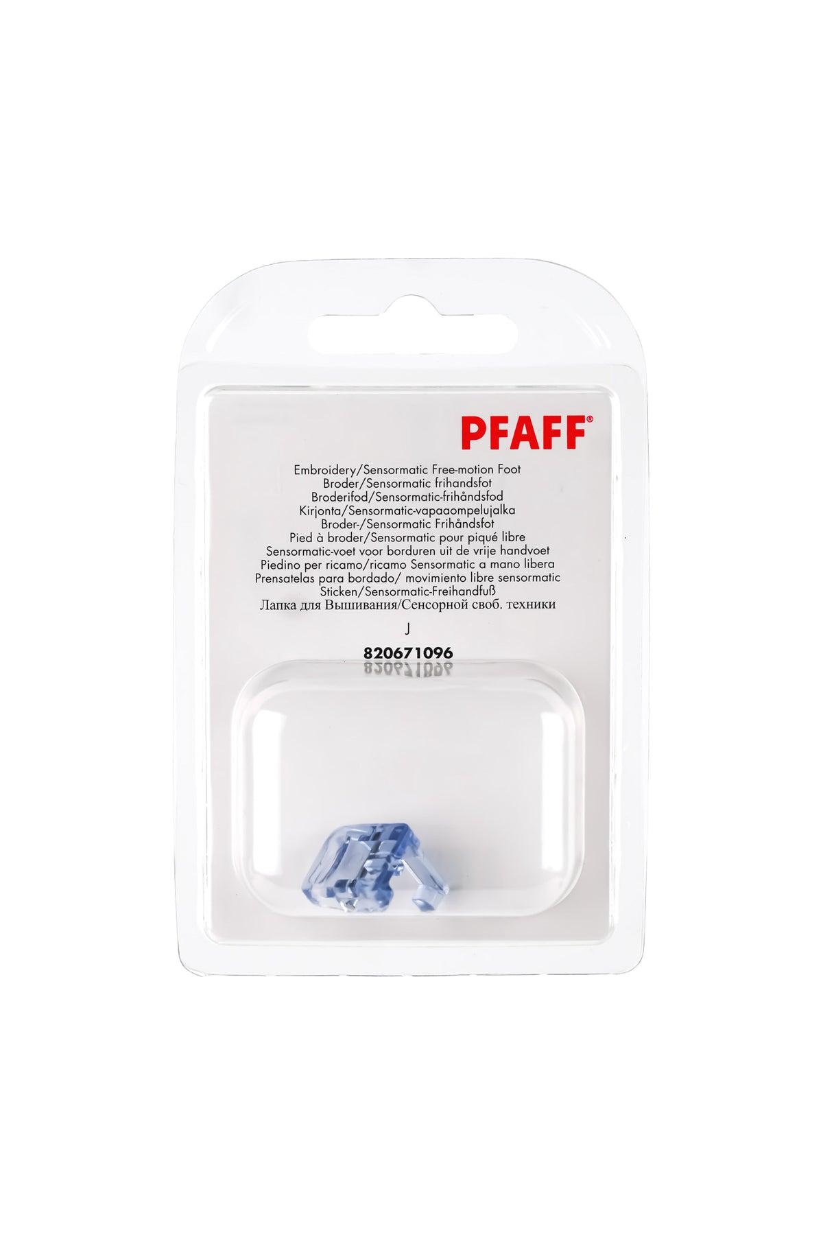 PFAFF Sensormatic-vrijhandvoet J L in complete originele verpakking, met de naaivoet aan de voorkant zichtbaar