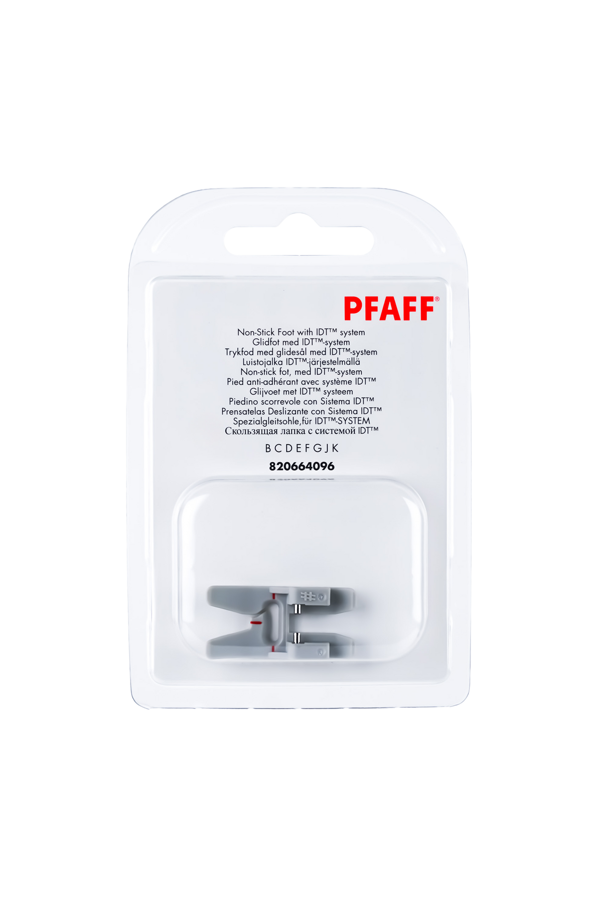 PFAFF Spezialgleitsohle für IDT-System J K L in vollständiger Originalverpackung von vorne mit sichtbarem Nähfuß