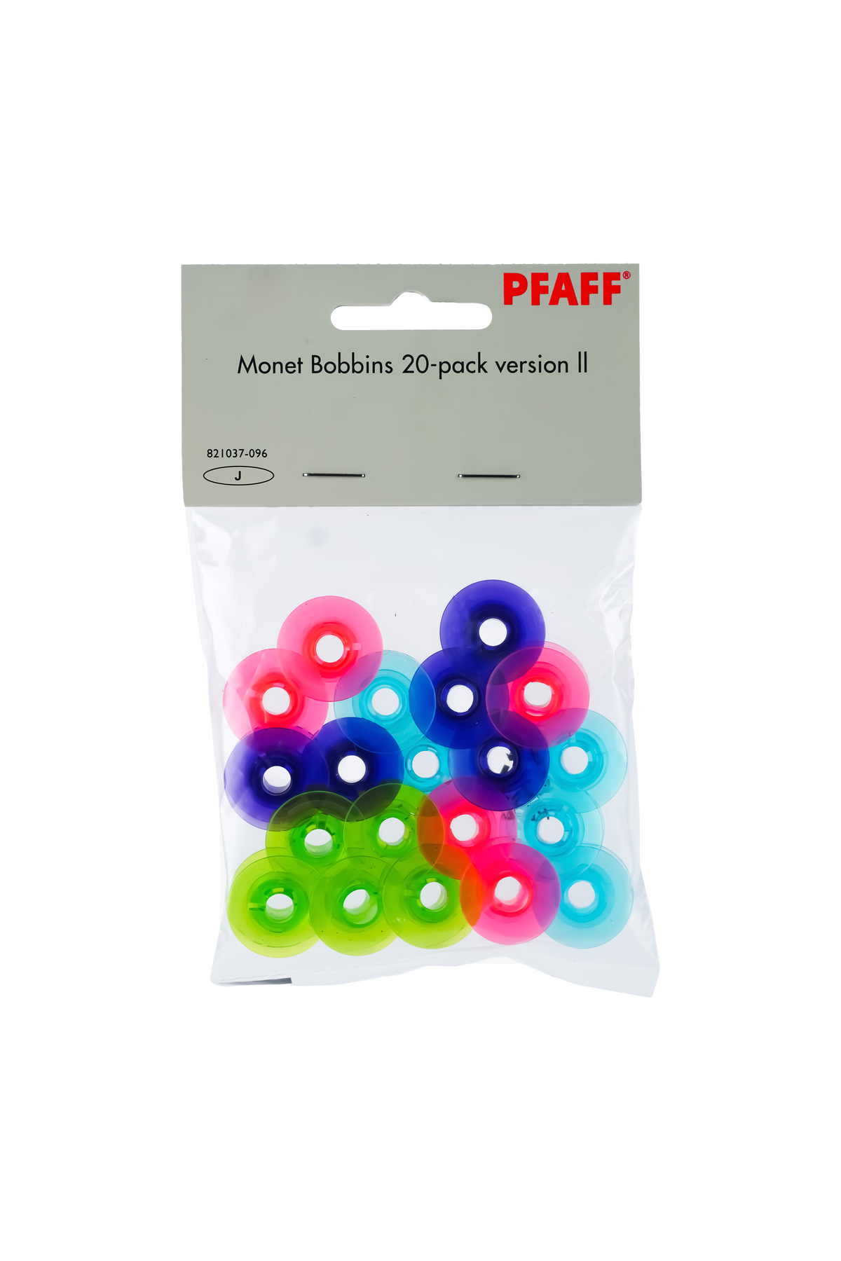 PFAFF Monet Unterspulen Version 2 für Gruppe J, 20 bunte Spulen in vollständiger Verkaufsverpackung