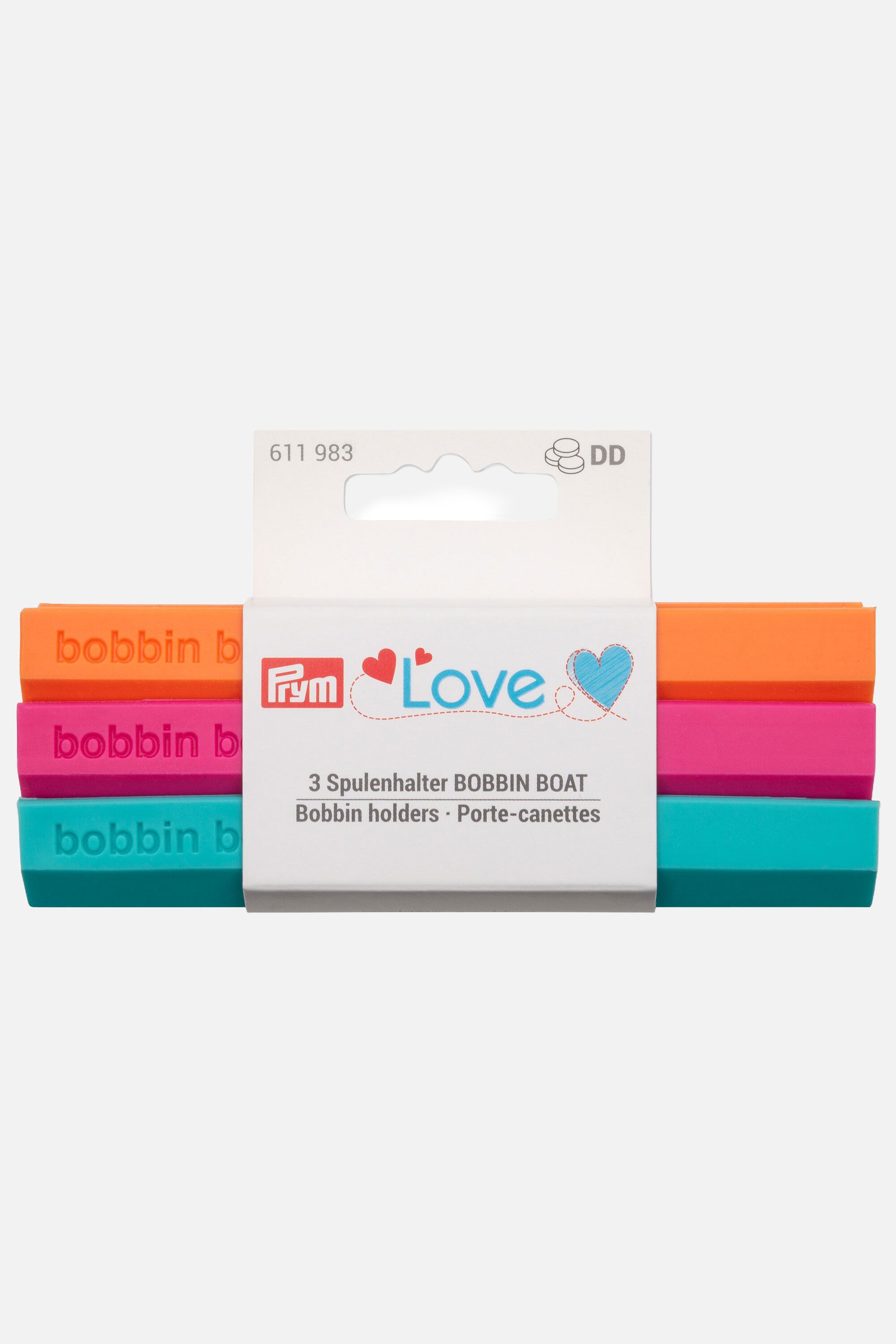 Prym Love Bobbin Boat – 3 Spulenhalter im Set (orange, pink, türkis) in der Verpackung