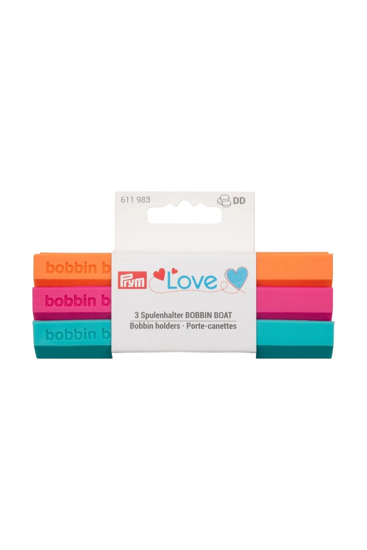 PRYM Love BOBBIN BOAT 611983: three bobbin holders in orange, pink and turquoise in their complete retail packaging