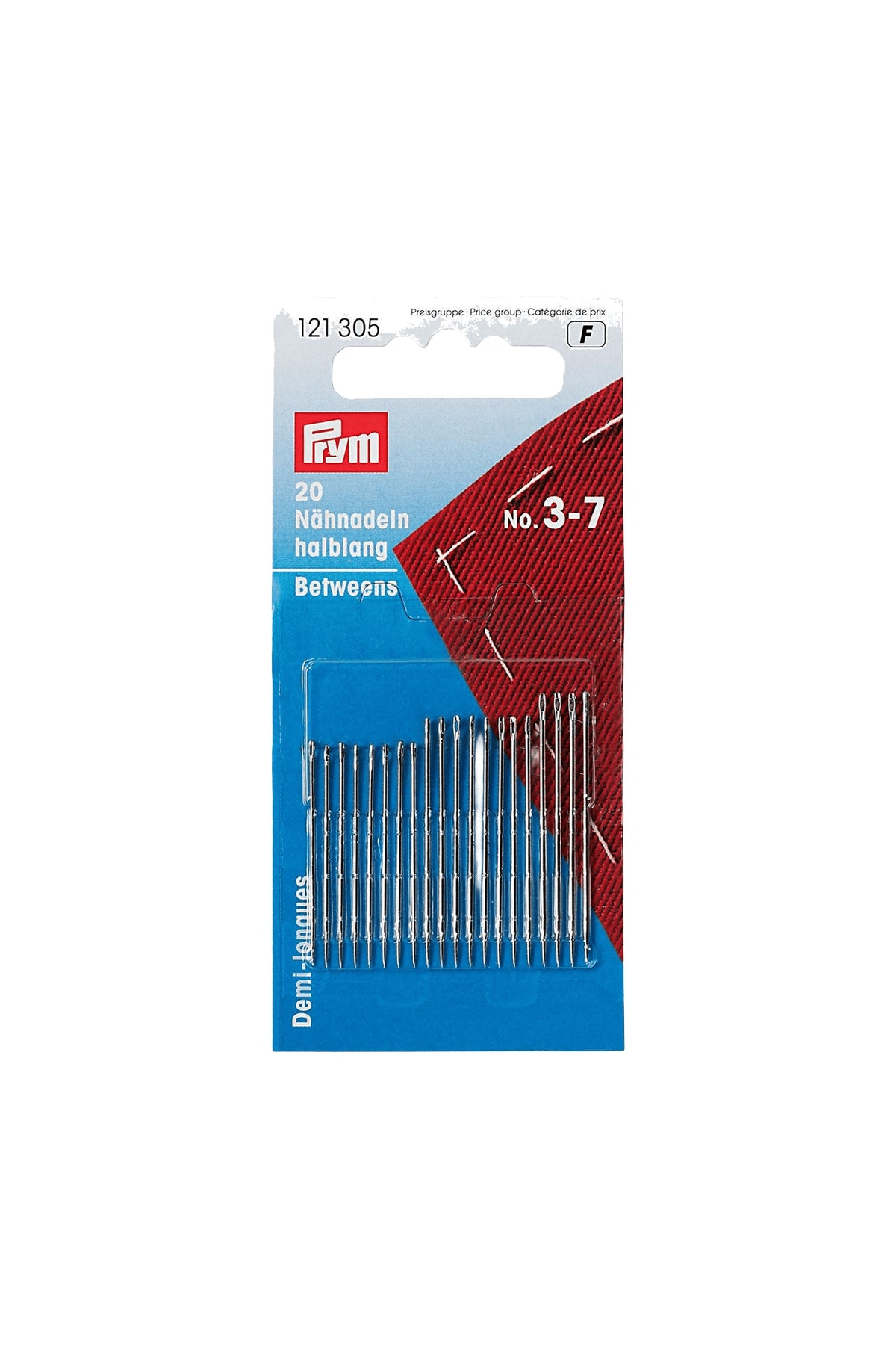 PRYM Nähnadeln halblang Nr. 3-7 (20 Stück) in vollständiger Produktansicht, in Adobe Photoshop freigestellt ohne Schatten