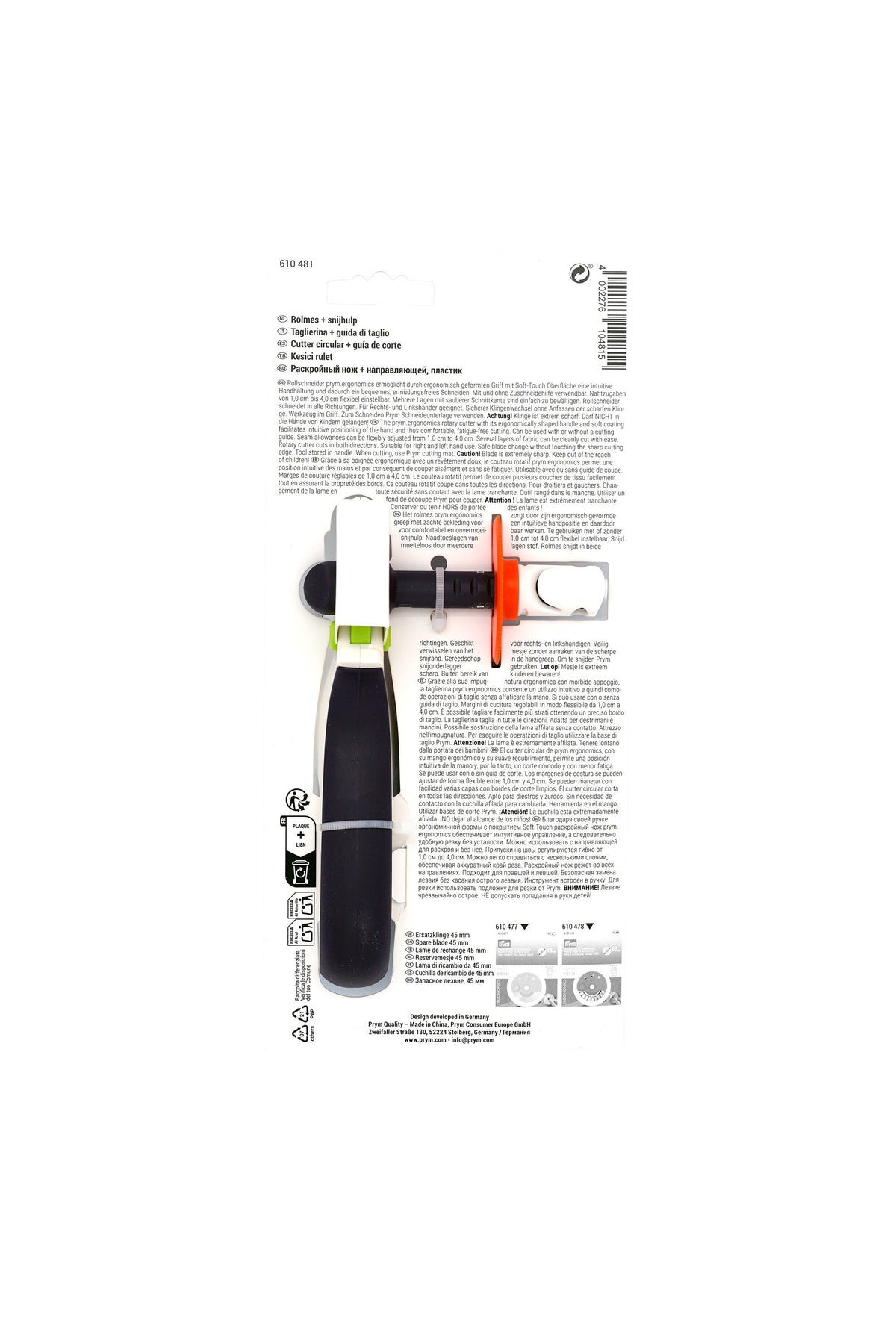 PRYM Rollschneider Ergonomics 45 mm mit Zuschneidehilfe – Verpackungsrückseite