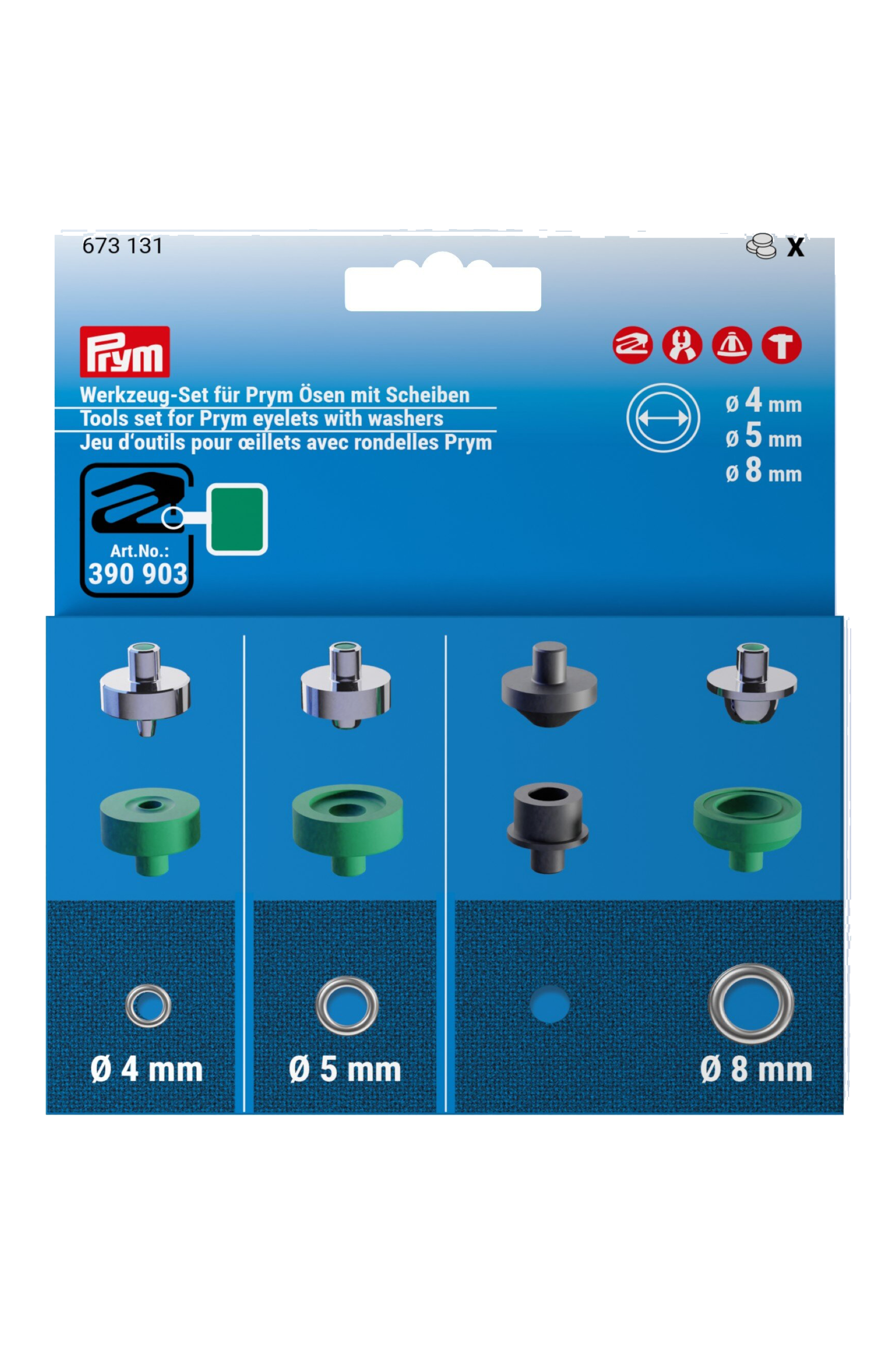 Prym Werkzeug-Set 673131 für Ösen mit Scheiben in 4, 5 und 8 mm.